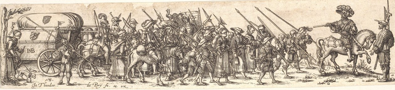 Tros af soldater, forrest en officer til hest af Jan Theodor de Bry