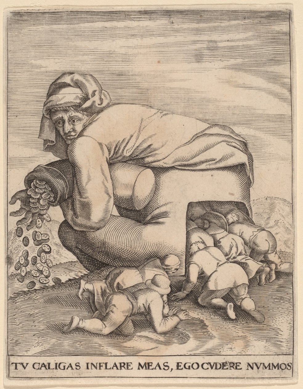 Manden med pengesækken og hans smigrer af Jan Theodor de Bry after Pieter Bruegel the Elder