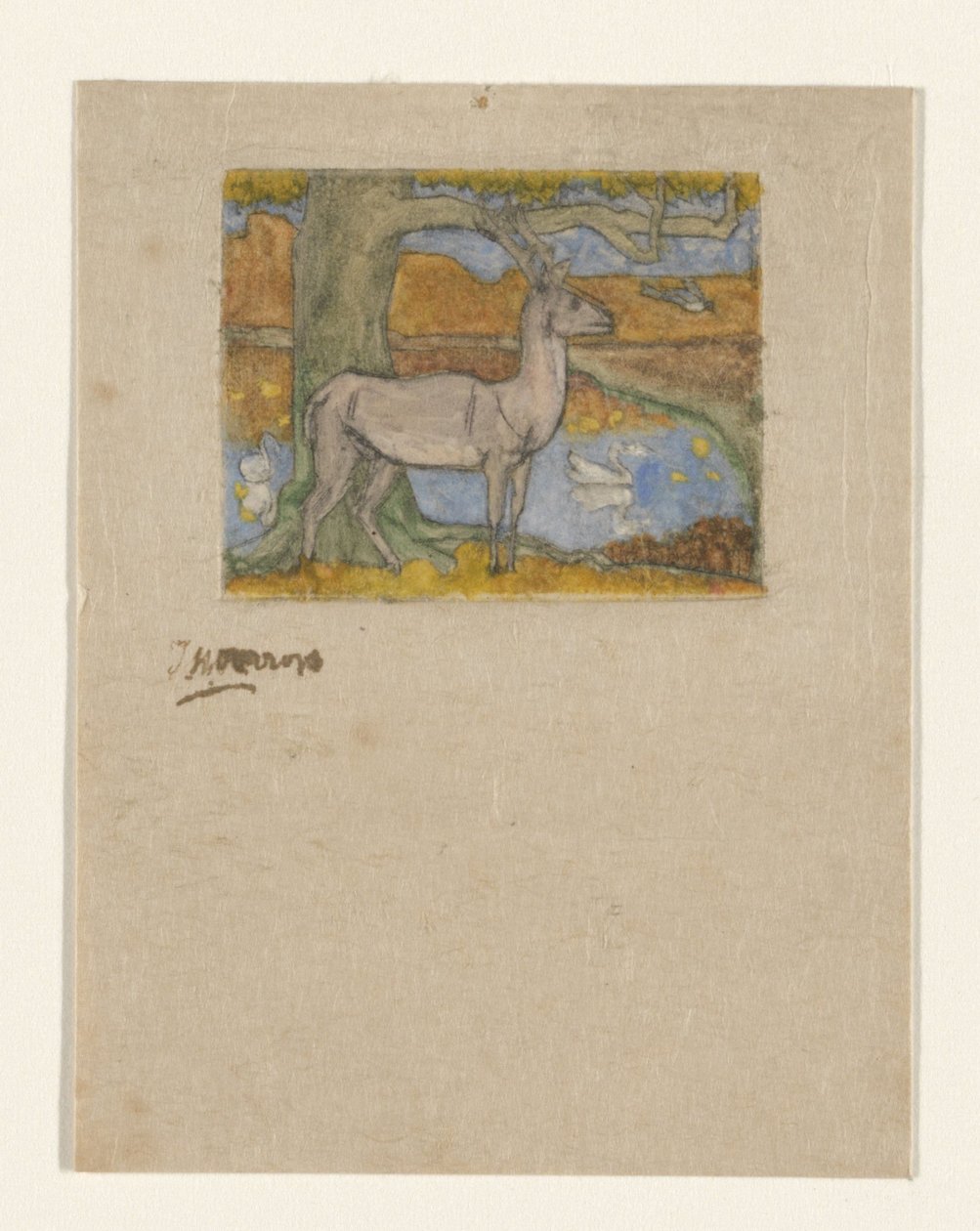 Hjorte nær et træ foran en dam Hjorte nær et træ (original titel) af Jan Toorop (signed by artist)