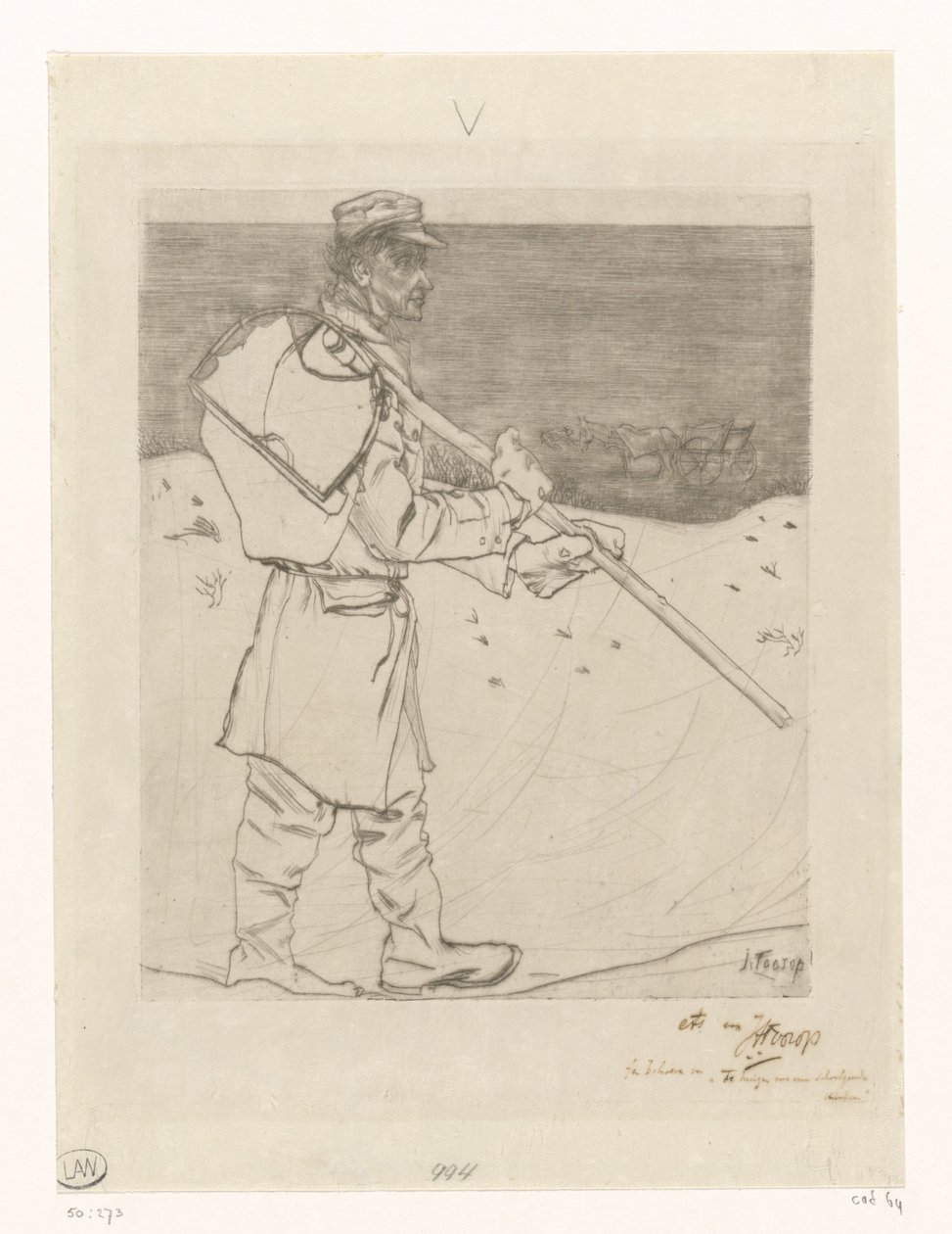 Skalfisker med net på stranden ved Katwijk aan Zee The shell fisherman (original titel) af Jan Toorop (signed by artist)