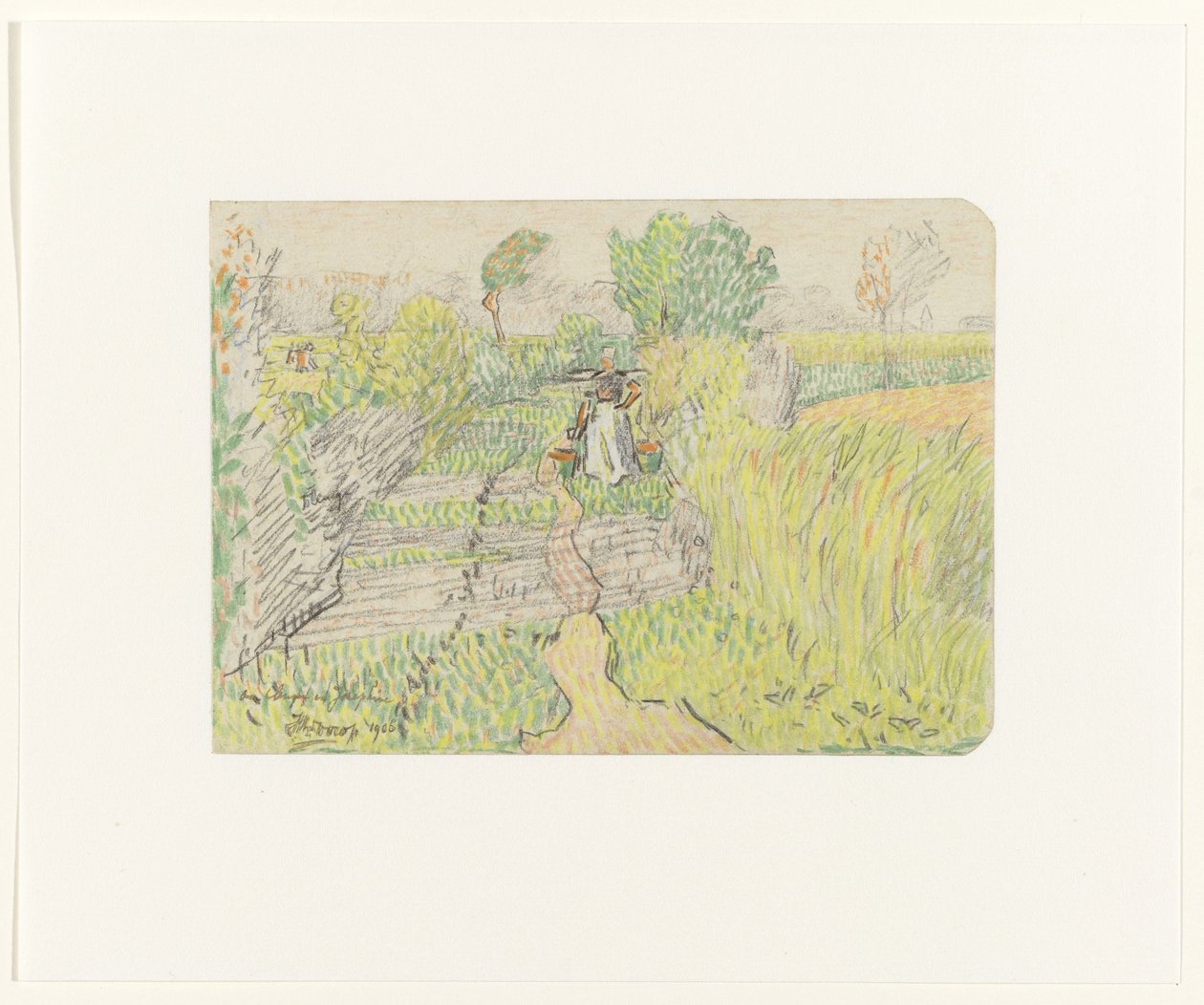 Bondekone med et åg med mælkespande på skuldrene, gående gennem en kornmark af Jan Toorop