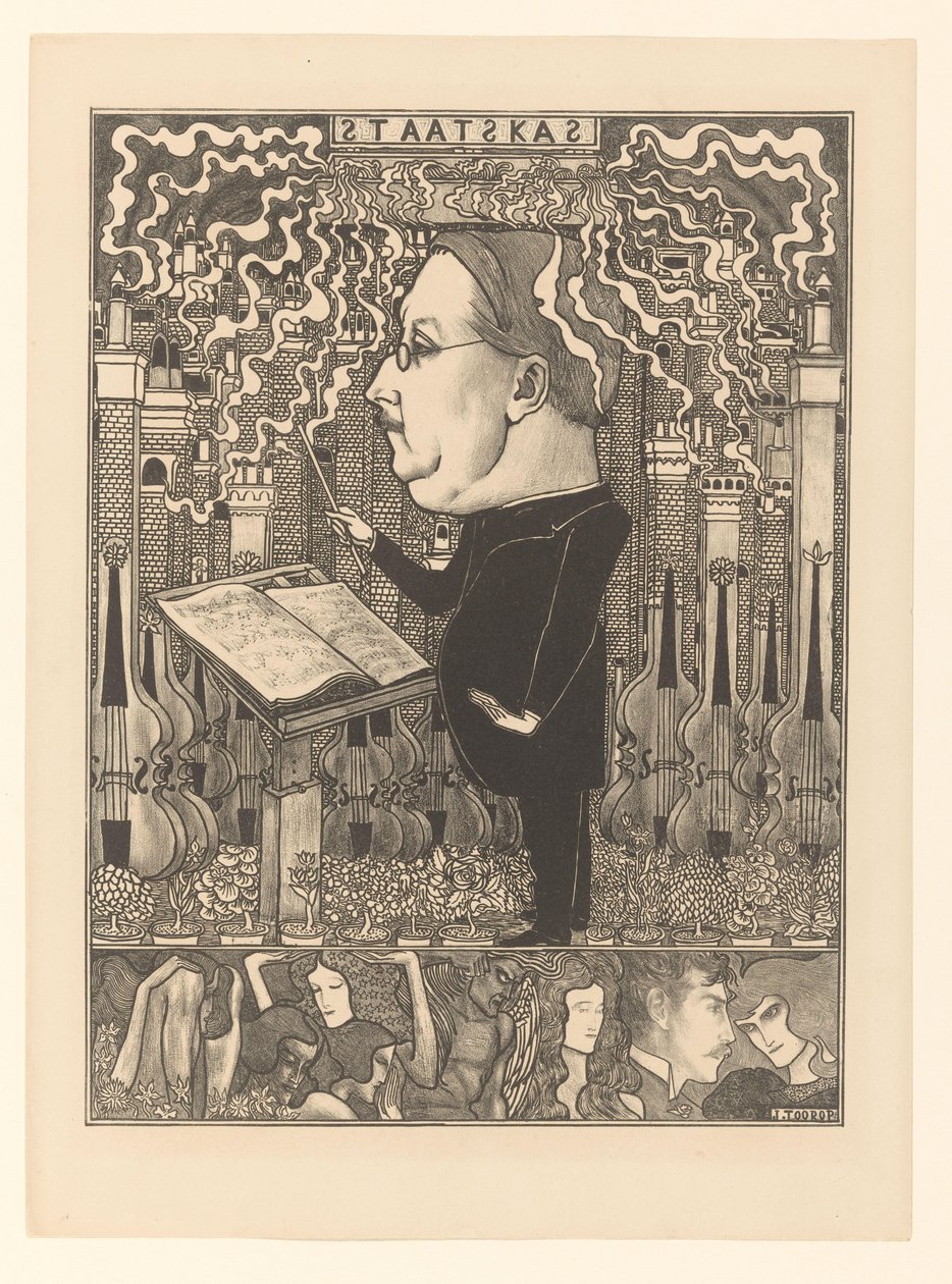 Dirigent med violiner og rygende skorstene bagved The State Treasury / The Hearth Cities (original titel) af Jan Toorop