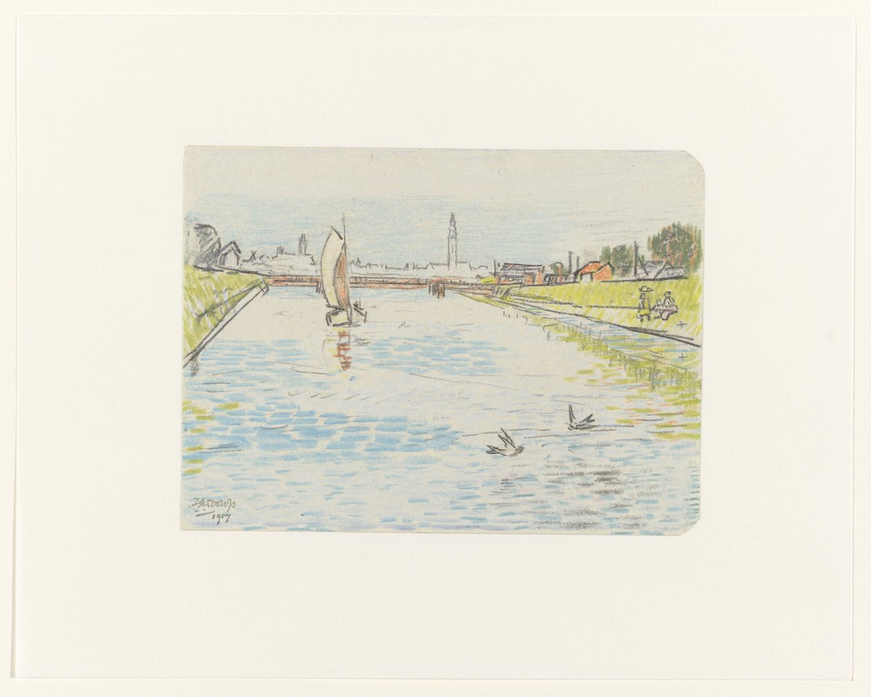 Udsigt over en kanal med et sejlskib af Jan Toorop