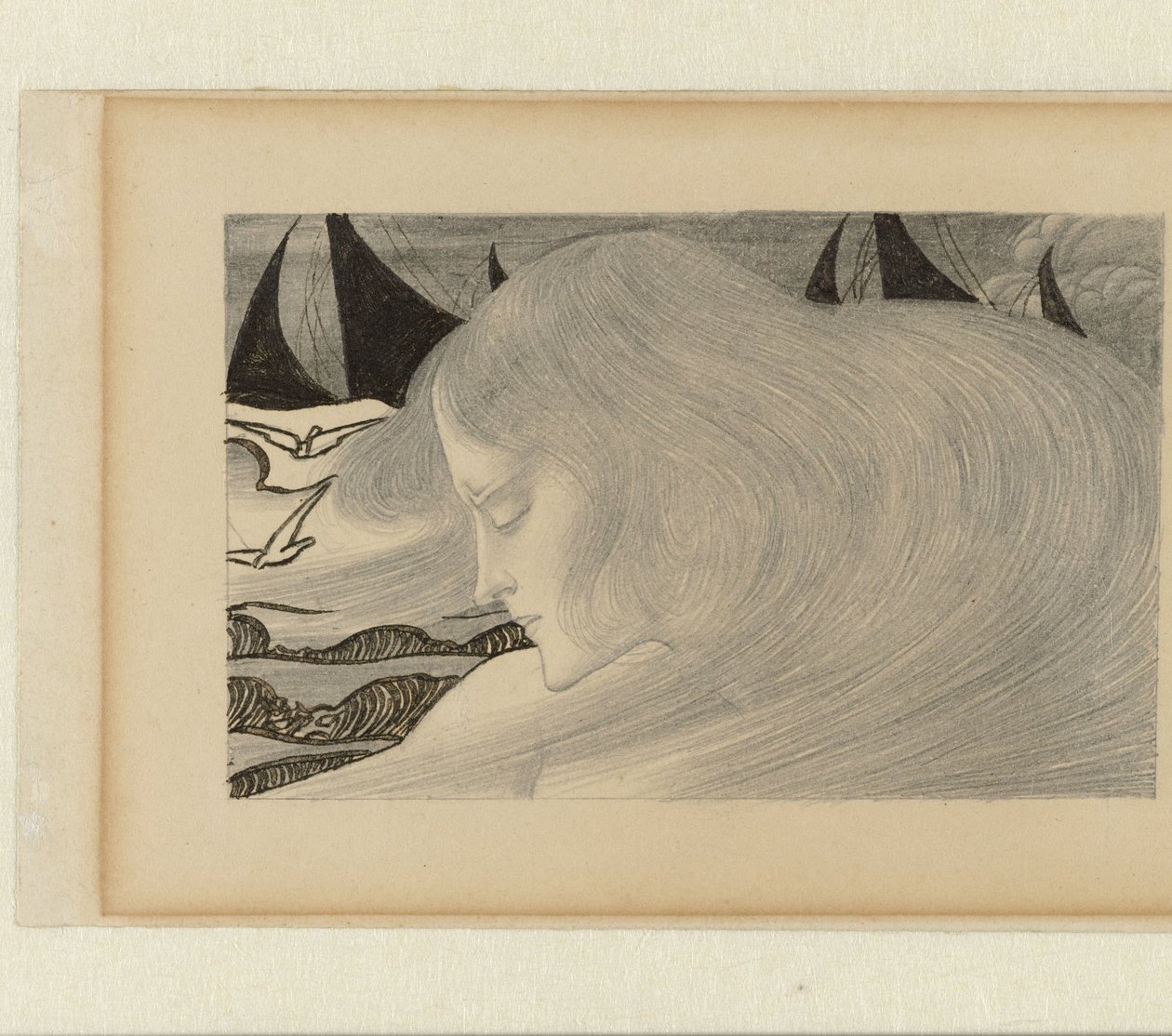 Ung kvinde med bølget hår foran et hav med skibe af Jan Toorop