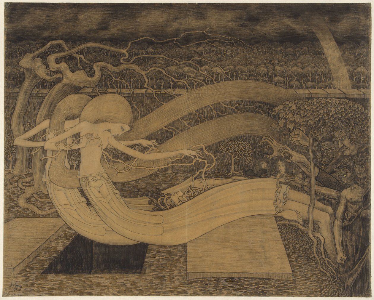 O Grav, hvor er din Sejr? To kvinder ved siden af ​​en mand og en åben grav O Grav, hvor er din sejr af Jan Toorop