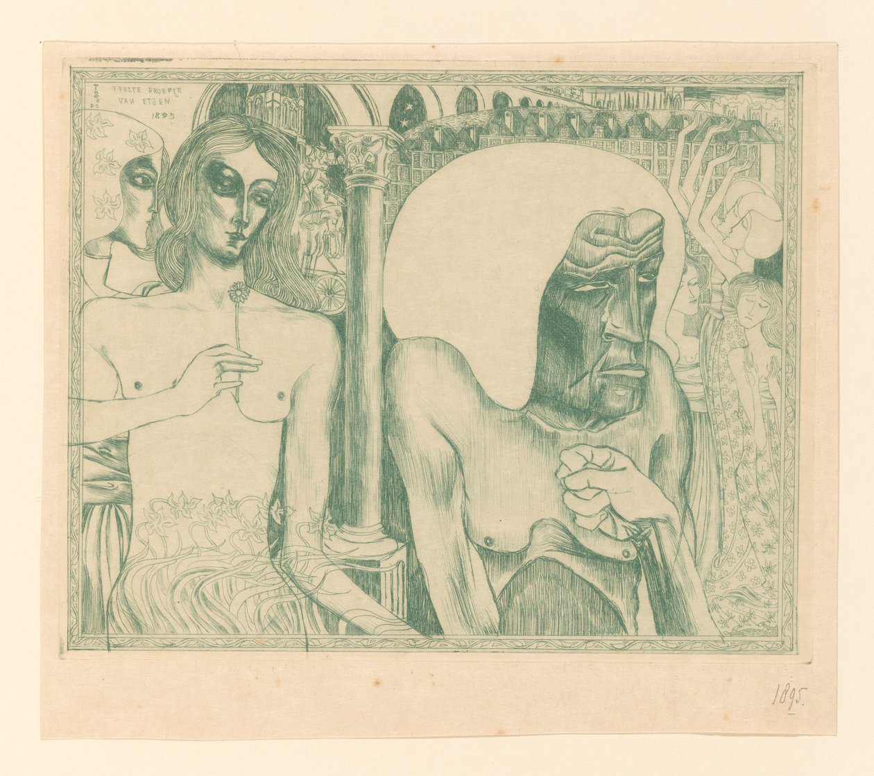 Gammel kvinde omgivet af unge kvinder Kvindens ungdom og alder (original titel) af Jan Toorop
