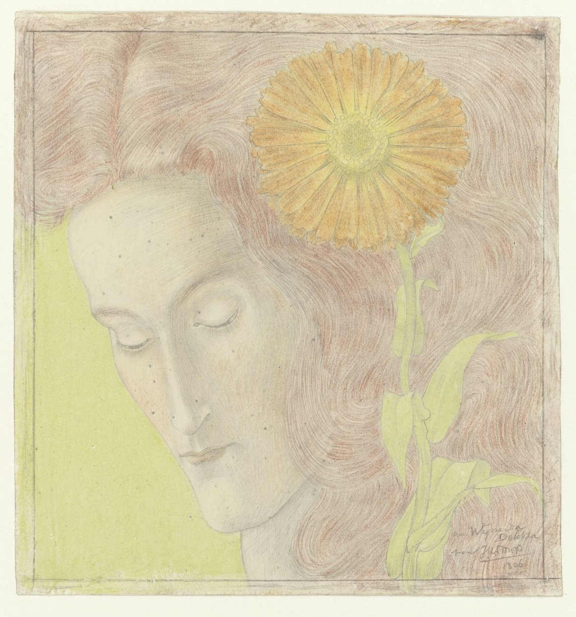 Kvindehoved med rødt hår og krysantemum af Jan Toorop