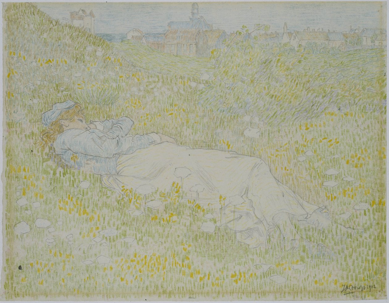 Kvinde liggende i klitterne nær Noordwijk Pige liggende i græsset med silhuetten af ​​Noordwijk i baggrunden af Jan Toorop