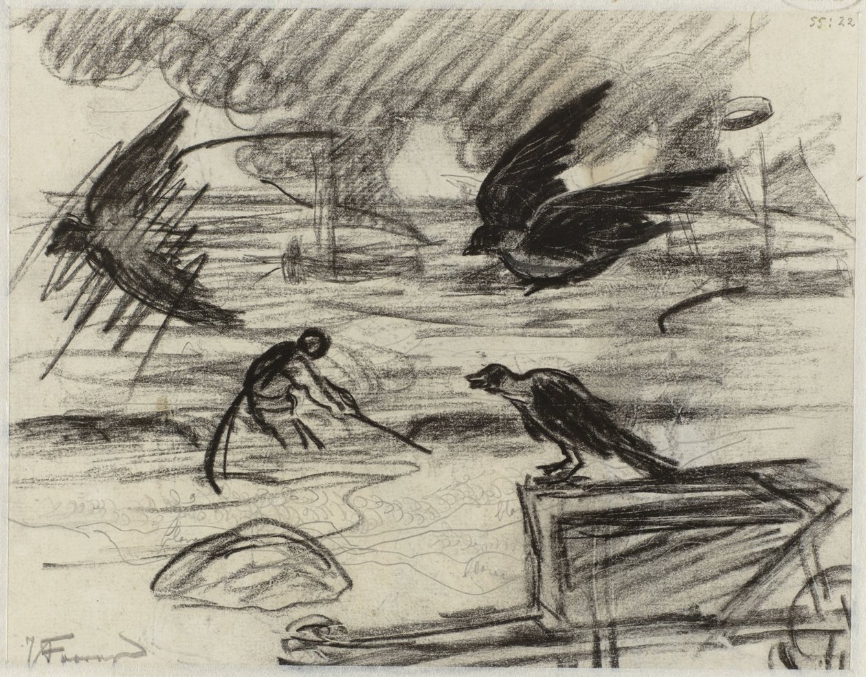 Havlandskab med fisker, i forgrunden en trillebør med fugle af Jan Toorop
