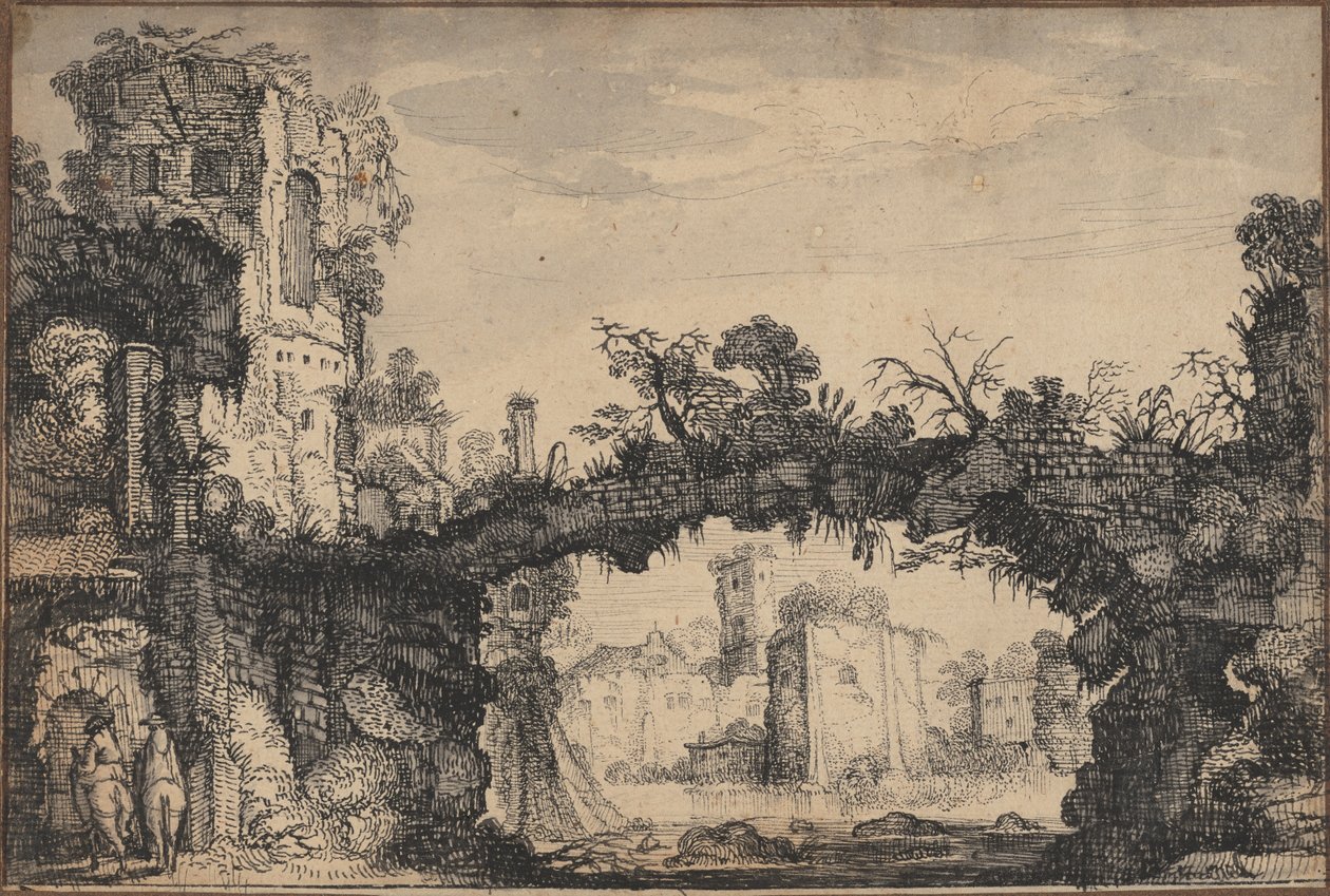 Landskab med ruiner (recto); Kvindehoved og dyr (verso) af Jan Van de Velde