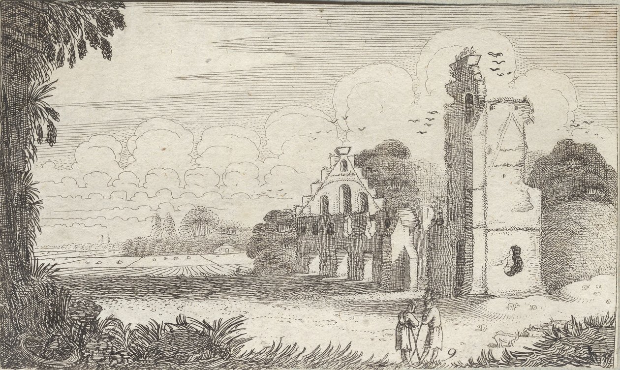 Landskab med en kirke i ruiner og to hyrder i samtale af Jan Van de Velde