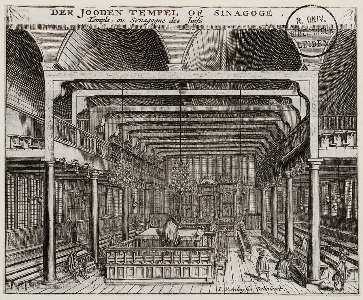 Interiør af den portugisiske synagoge i Amsterdam af Jan Veenhuysen