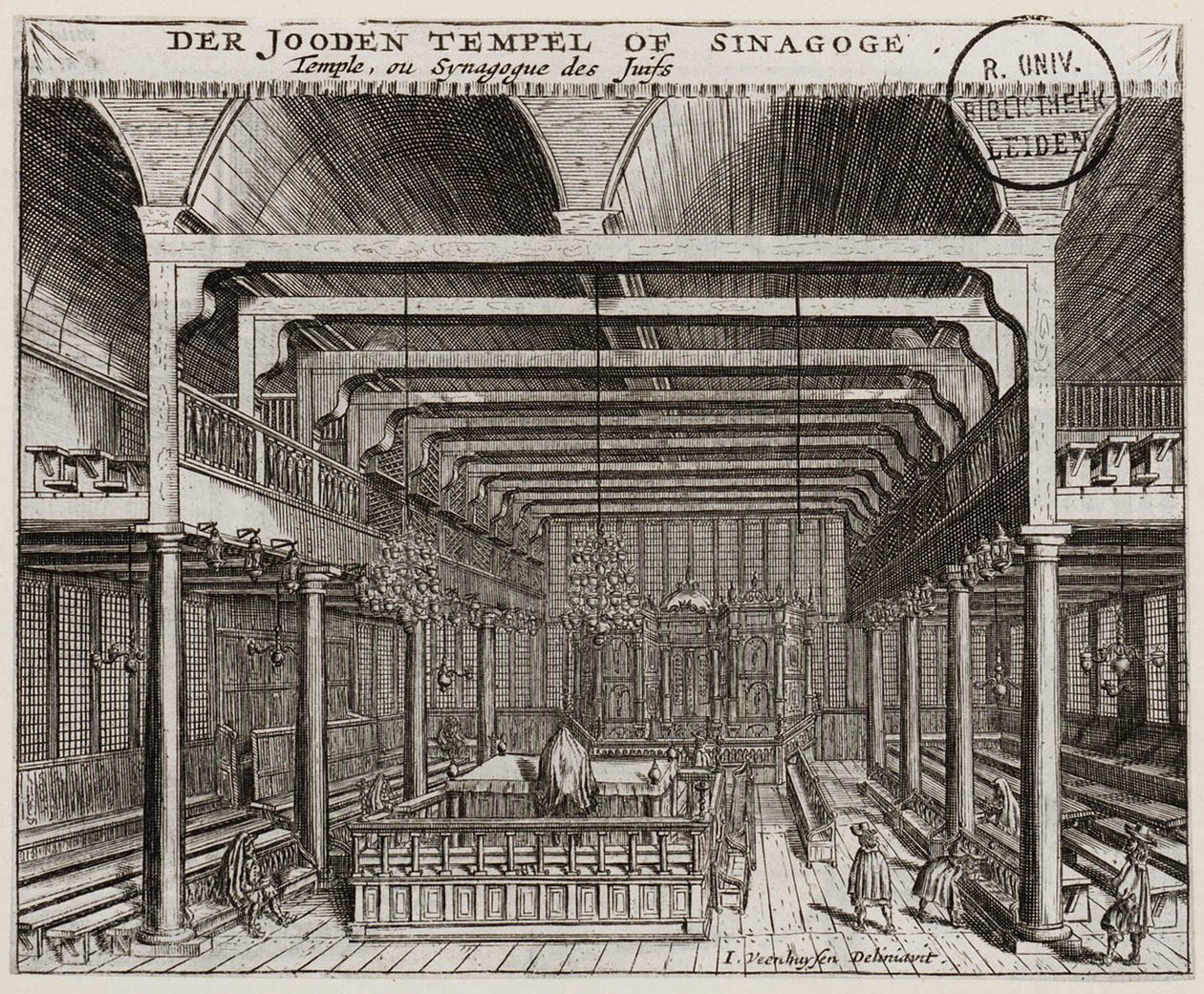 Interiør af den portugisiske synagoge i Amsterdam - Veenhuysen, Jan (aktiv 1656-1685) - Kobberstik - 11,2x13,7 - Leiden Universitetsbibliotek af Jan Veenhuysen