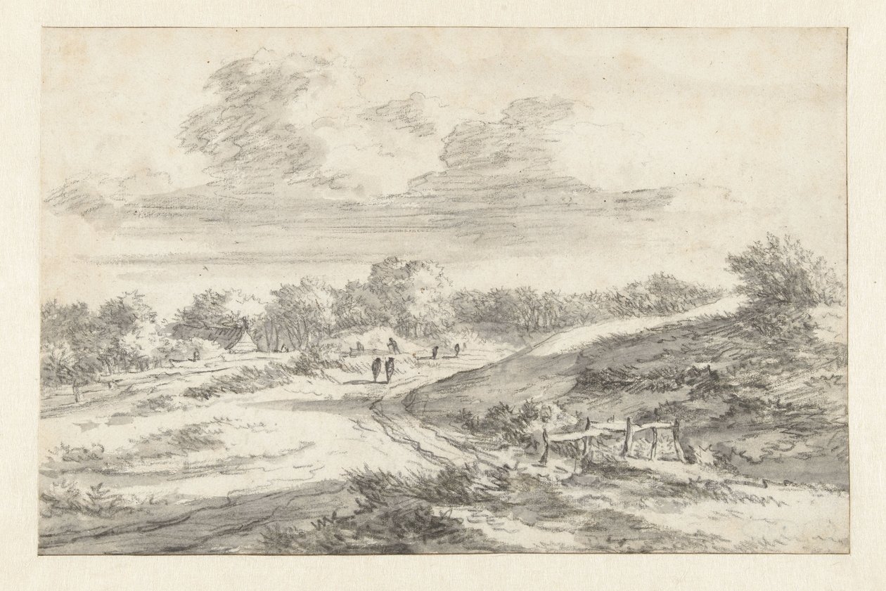 Klitlandskab med figurer langs en vej, med et sommerhus i det fjerne af Jan Vermeer van Haarlem (I) (attributed to)