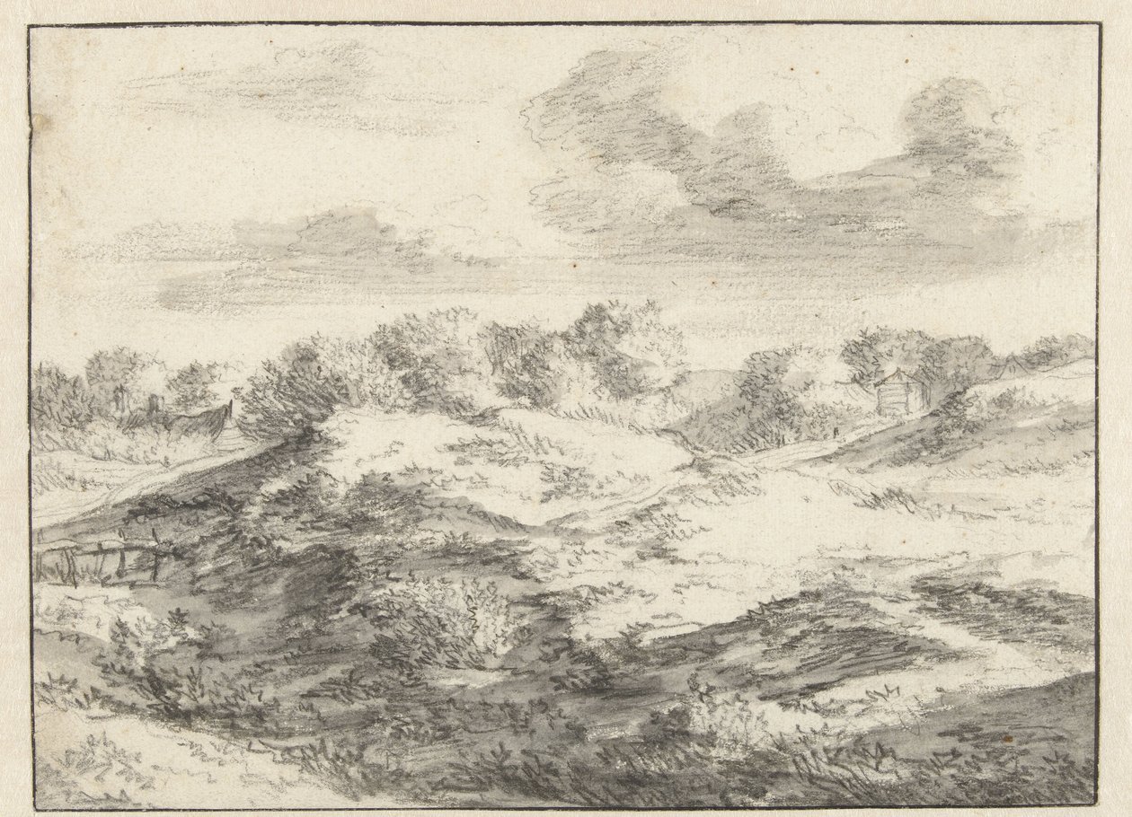 Klitlandskab, med et sommerhus i det fjerne af Jan Vermeer van Haarlem (I) (attributed to)
