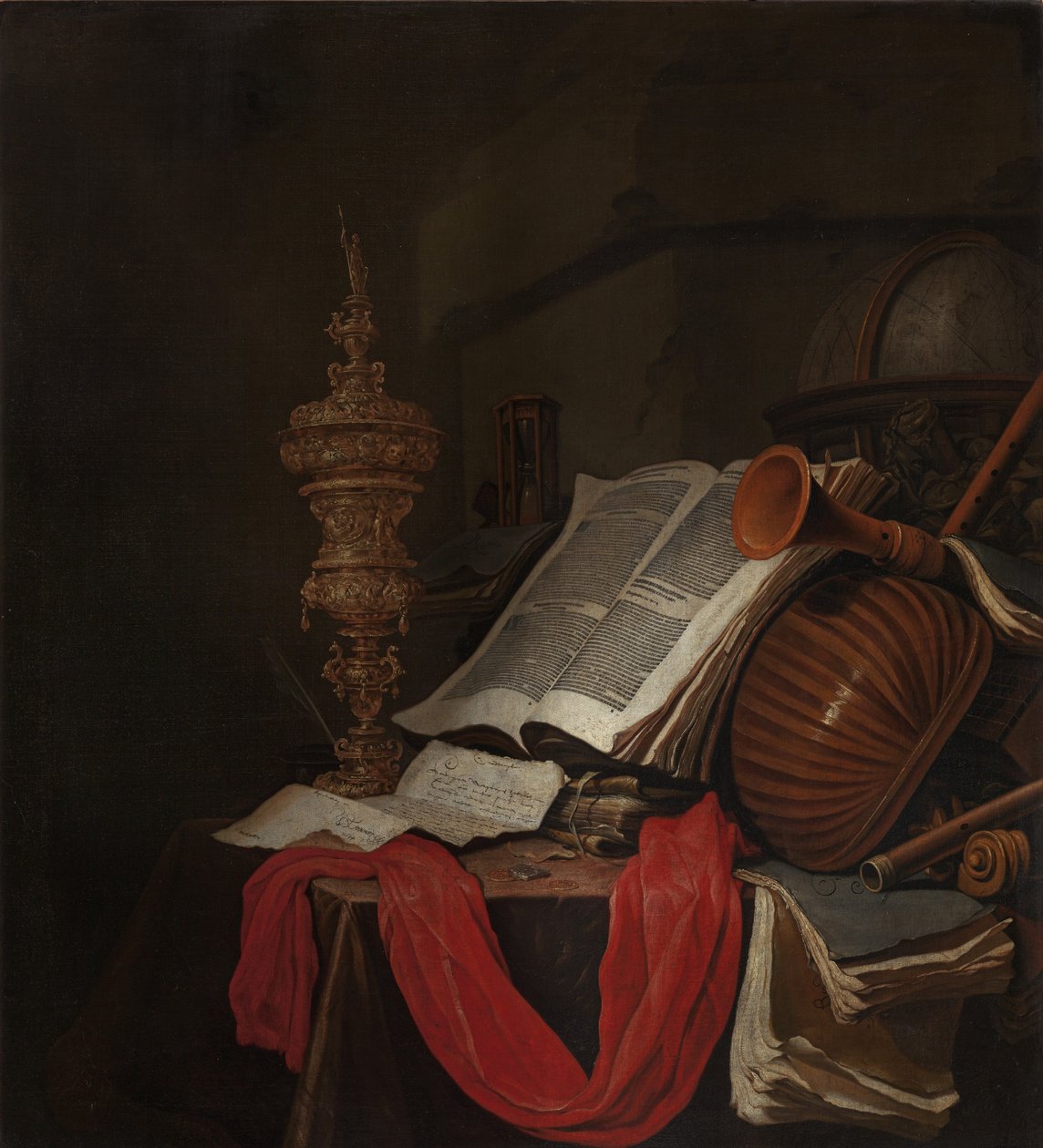 Stilleben med musikinstrumenter og bøger Vanitas af Jan Vermeulen