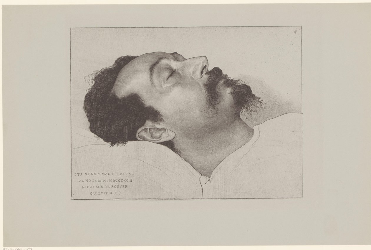 Nicolaas de Roever op hans doodsbed Således hvilede Nicolaus de Roever den 12. marts i året 18903 R.I.P. (titel på objekt) af Jan Veth
