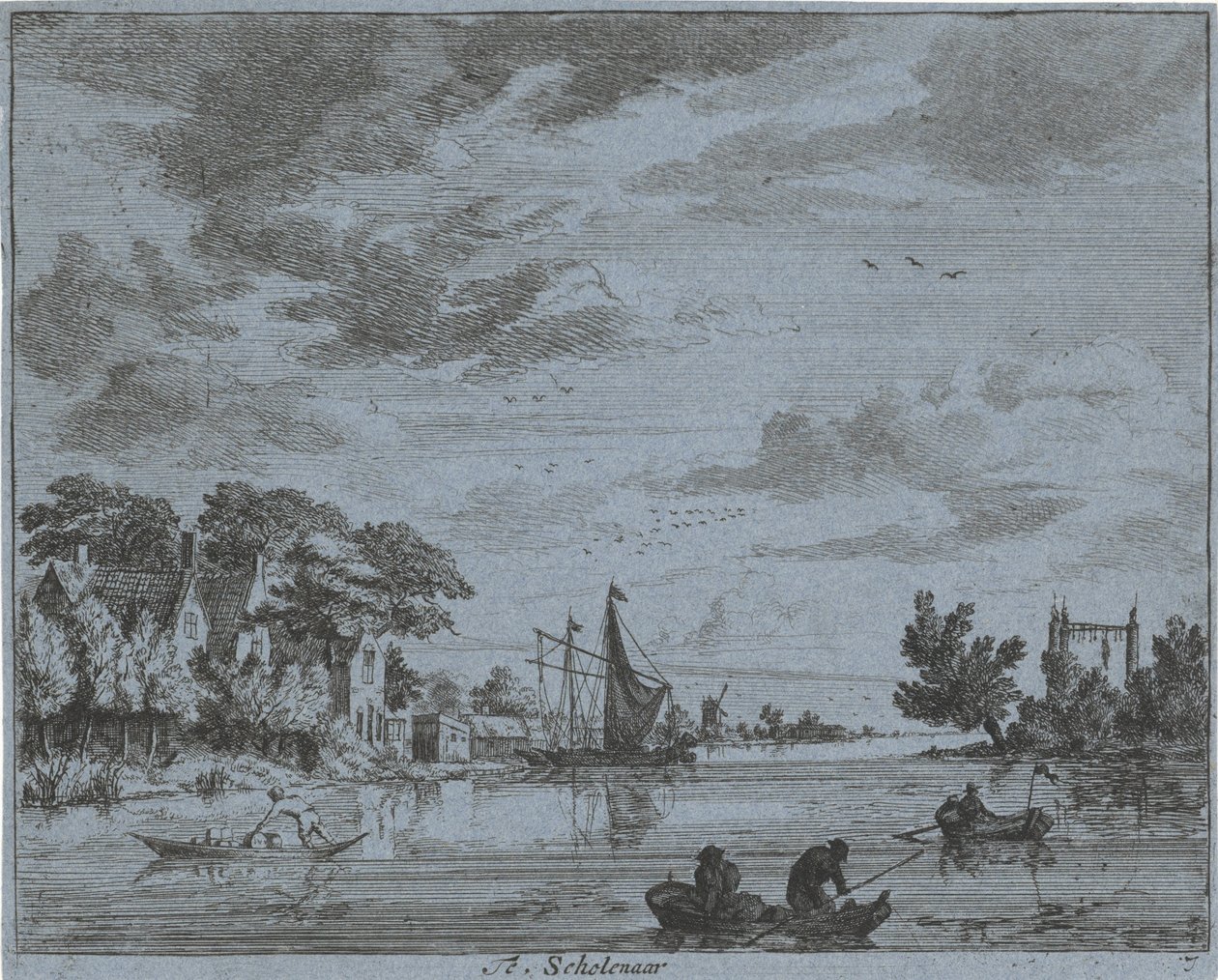 Forretning ved en flod Te, skoledreng (titel på objekt) Landskaber i Haarlem-området (serietitel) Gesigten udenfor Haarlem, Udført af. J.V.V. (serietitel på objekt) af Jan Vincentsz. van der Vinne