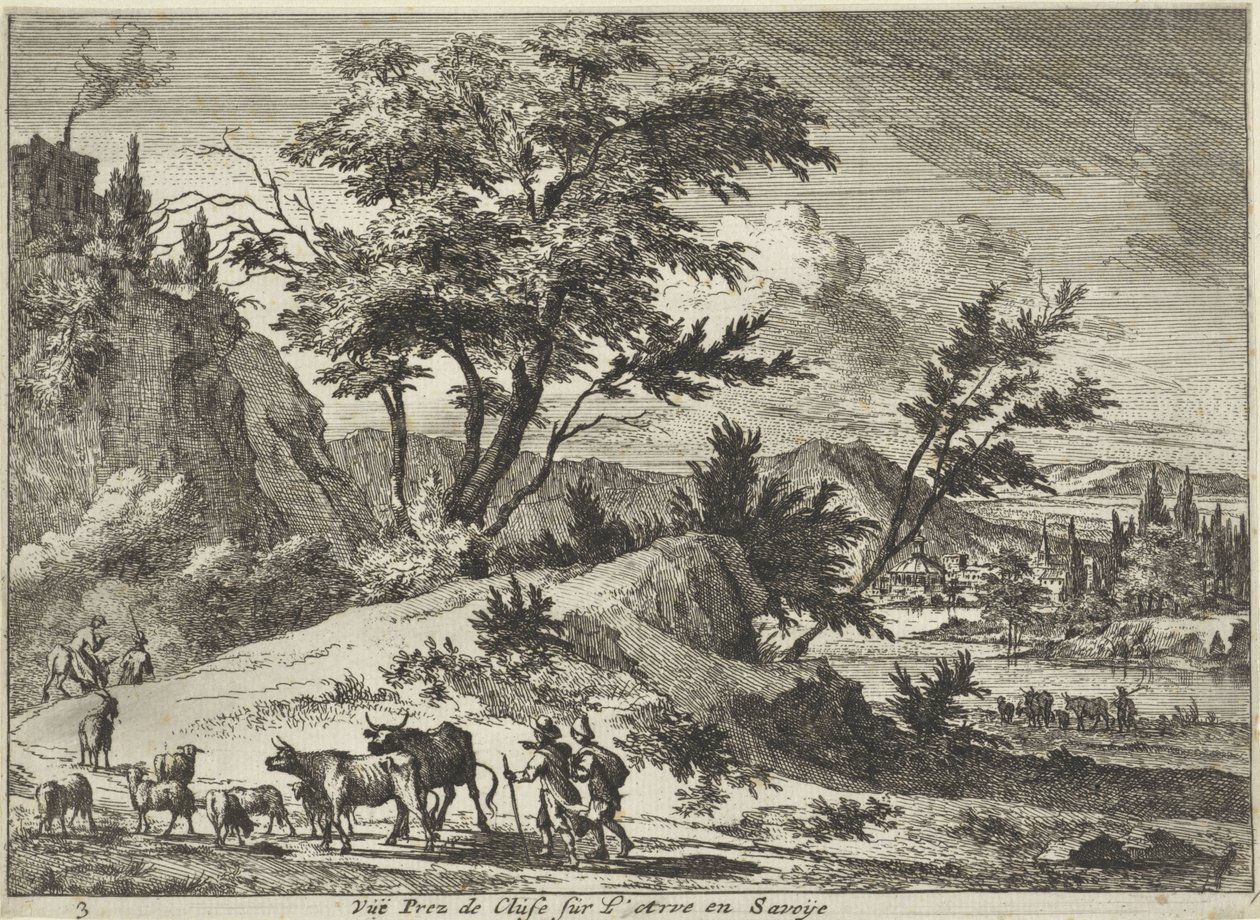 Udsigt over en vej nær Cluses på Arve, Savoie Vue Prez de Cluse sur L´Arve en Savoije (titel på objekt) Ansigter i Savoie (serietitel) af Jan Vincentsz. van der Vinne
