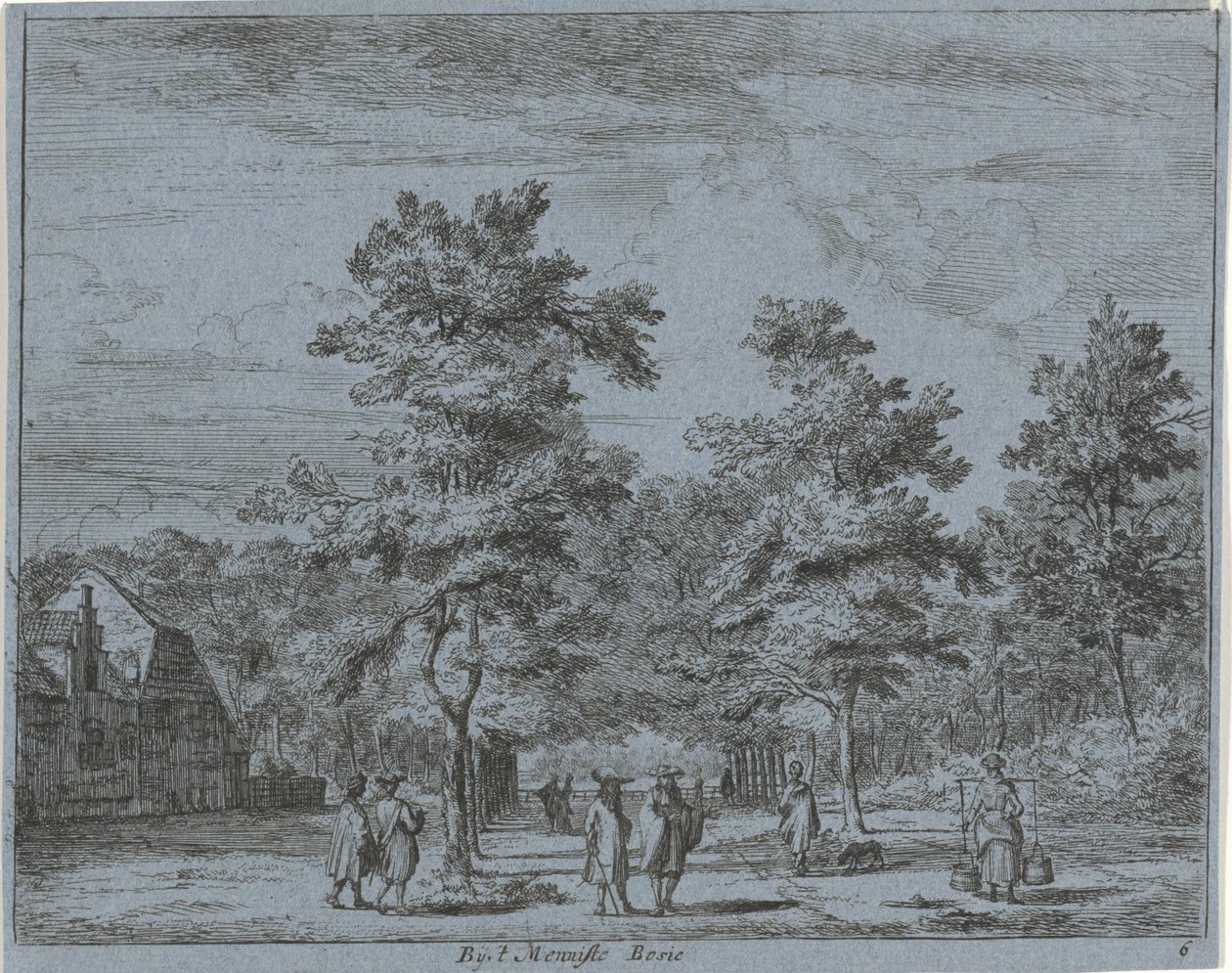 Vandrende figurer på en allé med træer At the Menniste Bosie (titel på objekt) Landskaber i Haarlem-området (serietitel) Gesigten Buijten Haarlem (serietitel) af Jan Vincentsz. van der Vinne