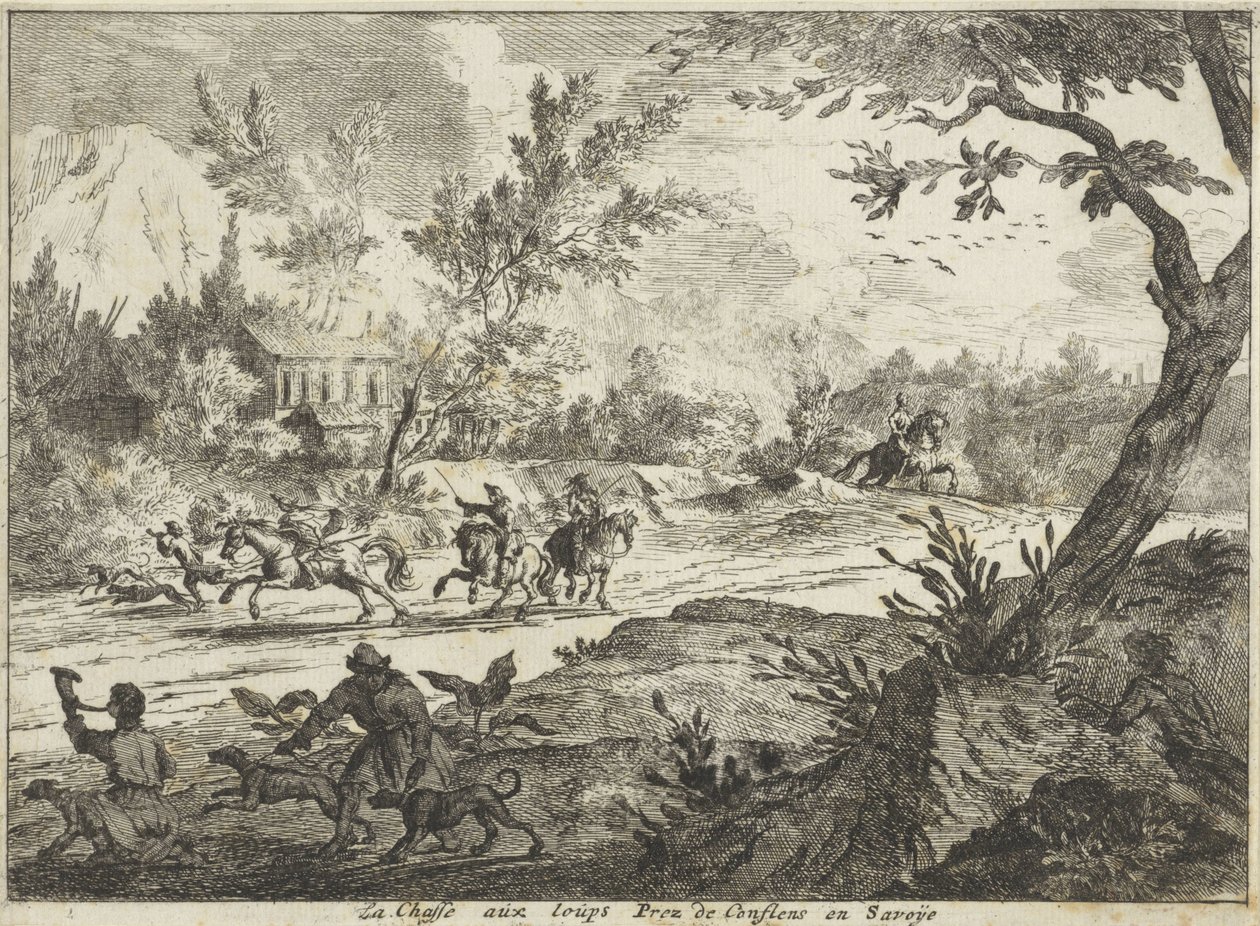 Ulvejagt ved Conflans, Savoie La Chasse aux Loups Prez de Conflans en Savoije (titel på objekt) Ansigter i Savoie (serietitel) af Jan Vincentsz. van der Vinne