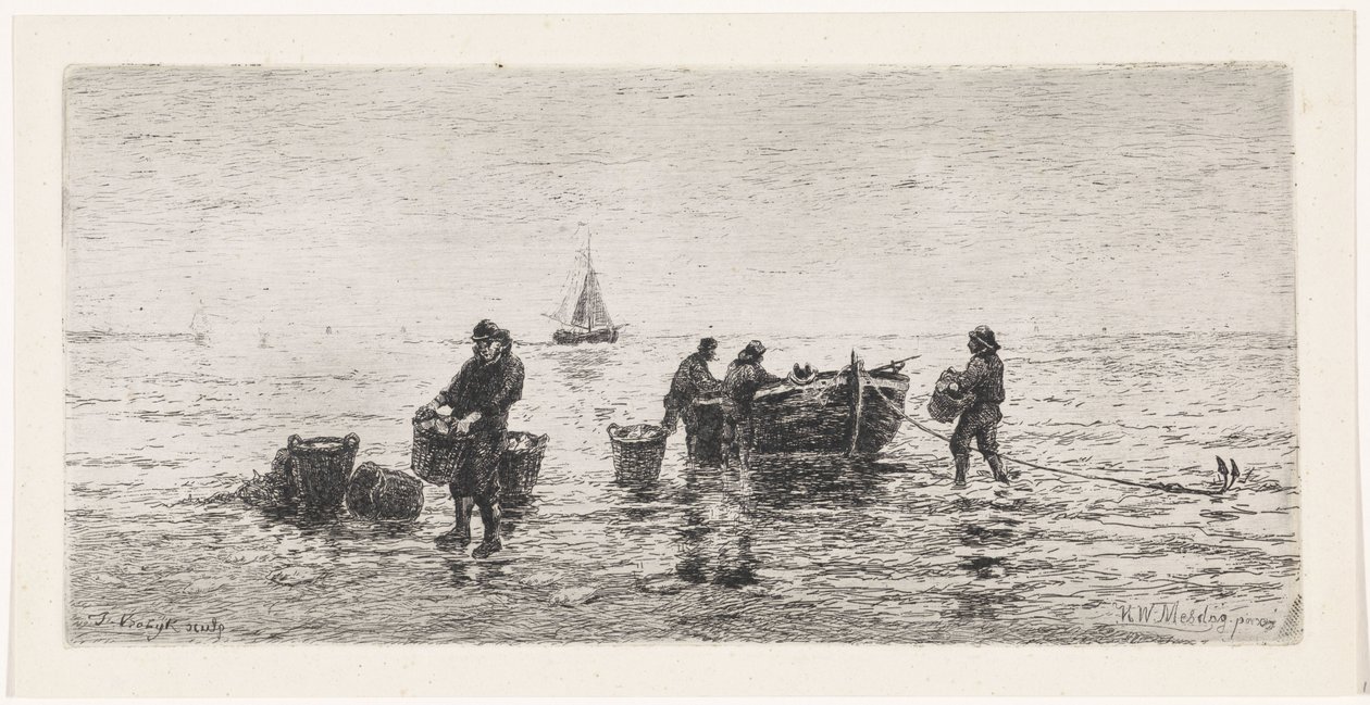 Fiskere tømmer en slup på stranden af Johannes Martinus Vrolijk