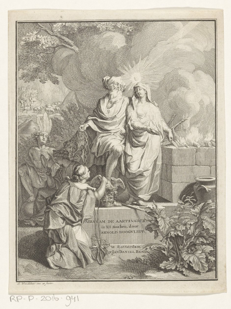 Allegorisk titelblad med patriark Abraham og sandhed Titelside for: Arnold Hoogvliet, Abraham Patriarken, i XII Boeken, 1728 af Jan Wandelaar