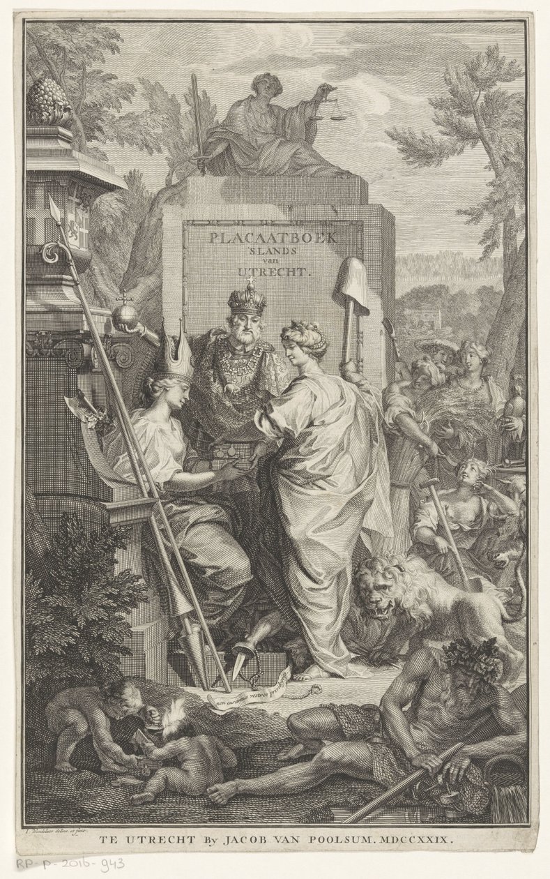 Allegorisk fremstilling med grundlaget for Utrecht Placer bogens land van Utrecht (titel på objekt) Titelside for: Johan van de Water, Fredsbog indeholdende alle fredserklæringer, ordinancer og edikter fra (...) staterne Utrecht, 1729 af Jan Wandelaar