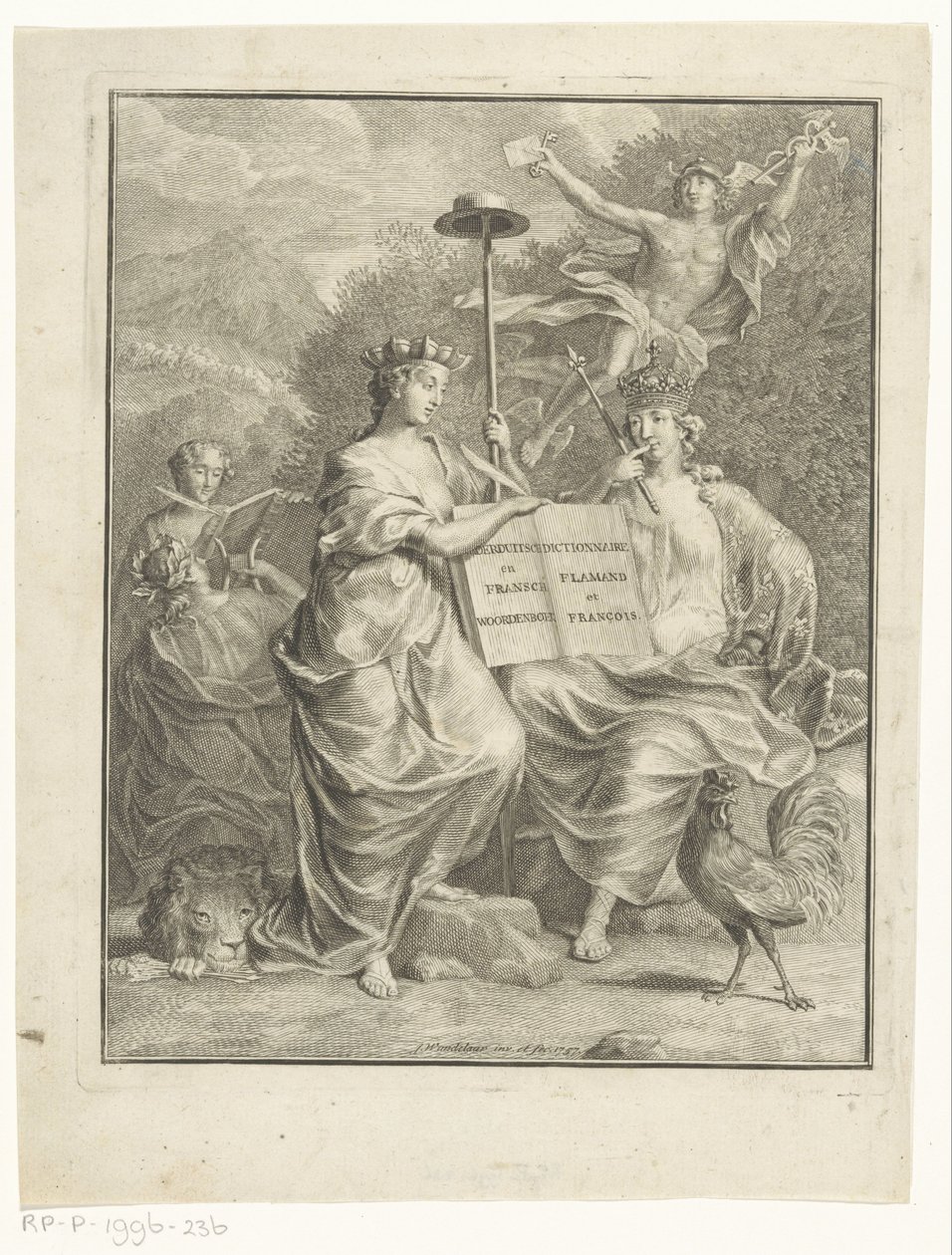 Personifikationer af de østrigske Nederlande og Frankrig Hollandsk og fransk ordbog / Dictionnaire Flamand et François (titel på objekt) Titelside for: François Halma, Den store franske og nederduitsch-ordbog, 1761 af Jan Wandelaar