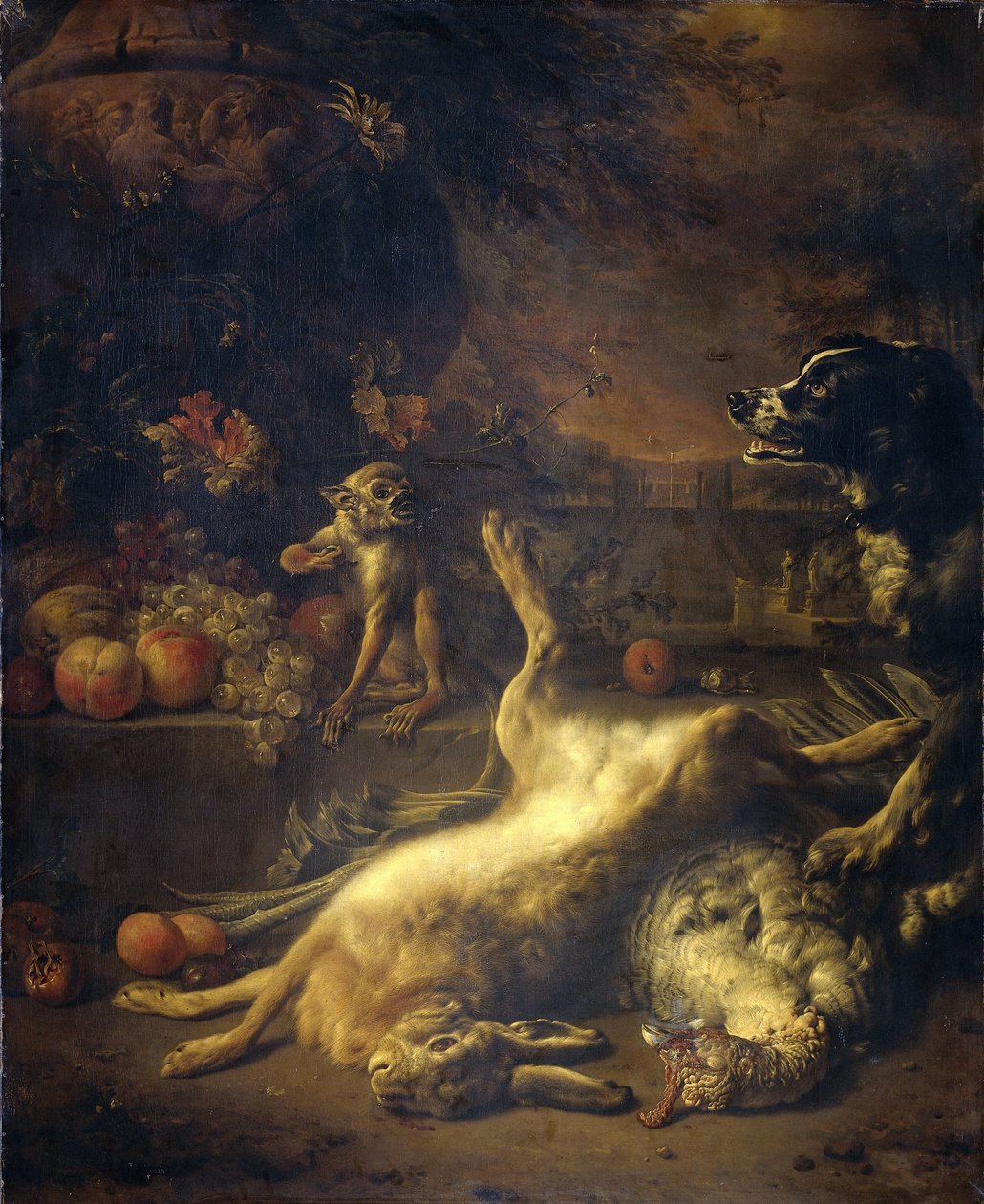 En abe og en hund med dødt vildt og frugt af Jan Baptist Weenix