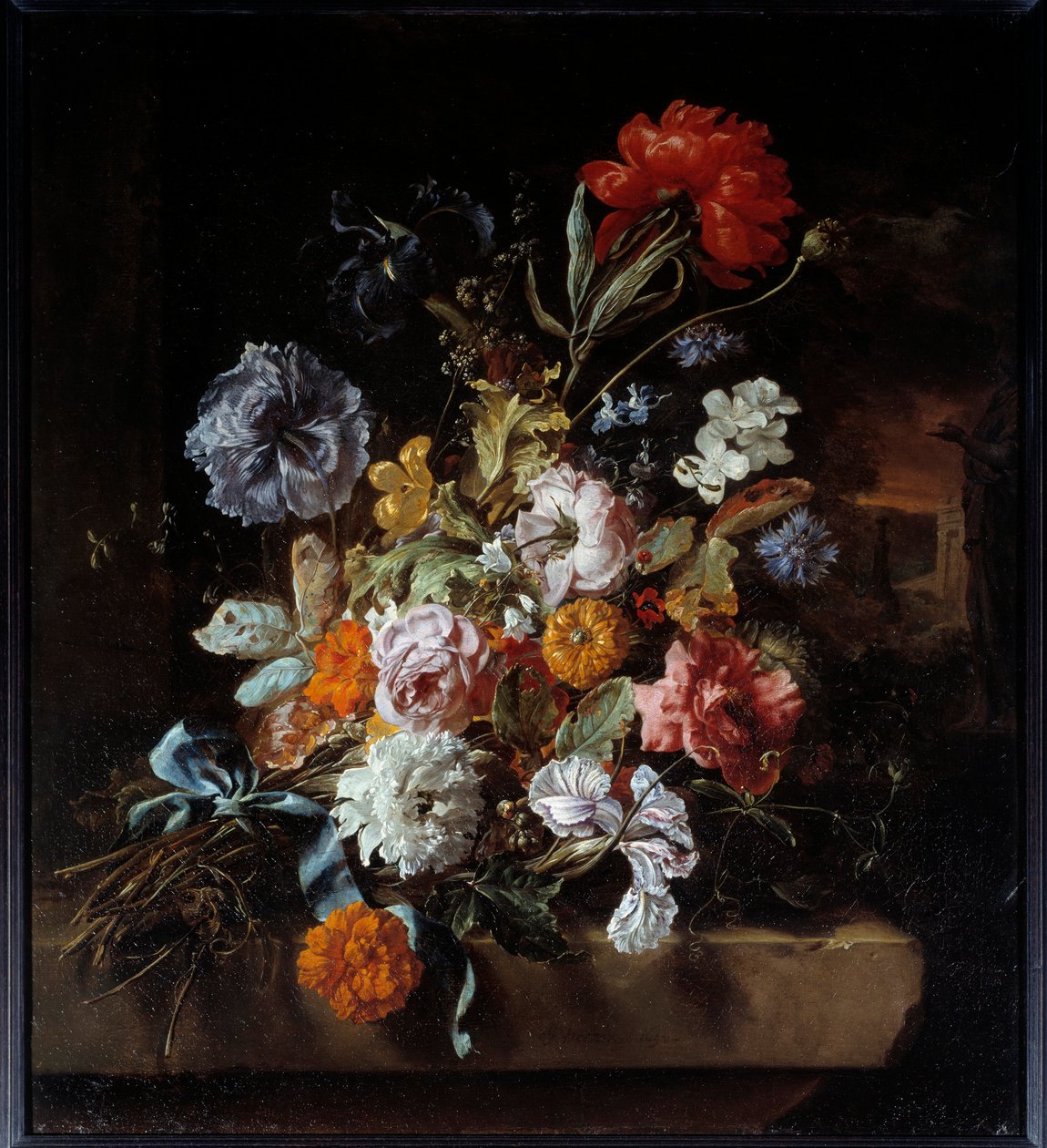Buket blomster afsat på en stenbænk Maleri af Jan Weenix (1640-1719) 1694 Søn. 0,74x0,67 m Lyon, Musee des Beaux Arts af Jan Baptist Weenix