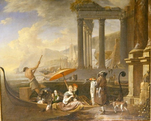 Klassisk havneby med et ødelagt tempel (olie på lærred) af Jan Baptist Weenix