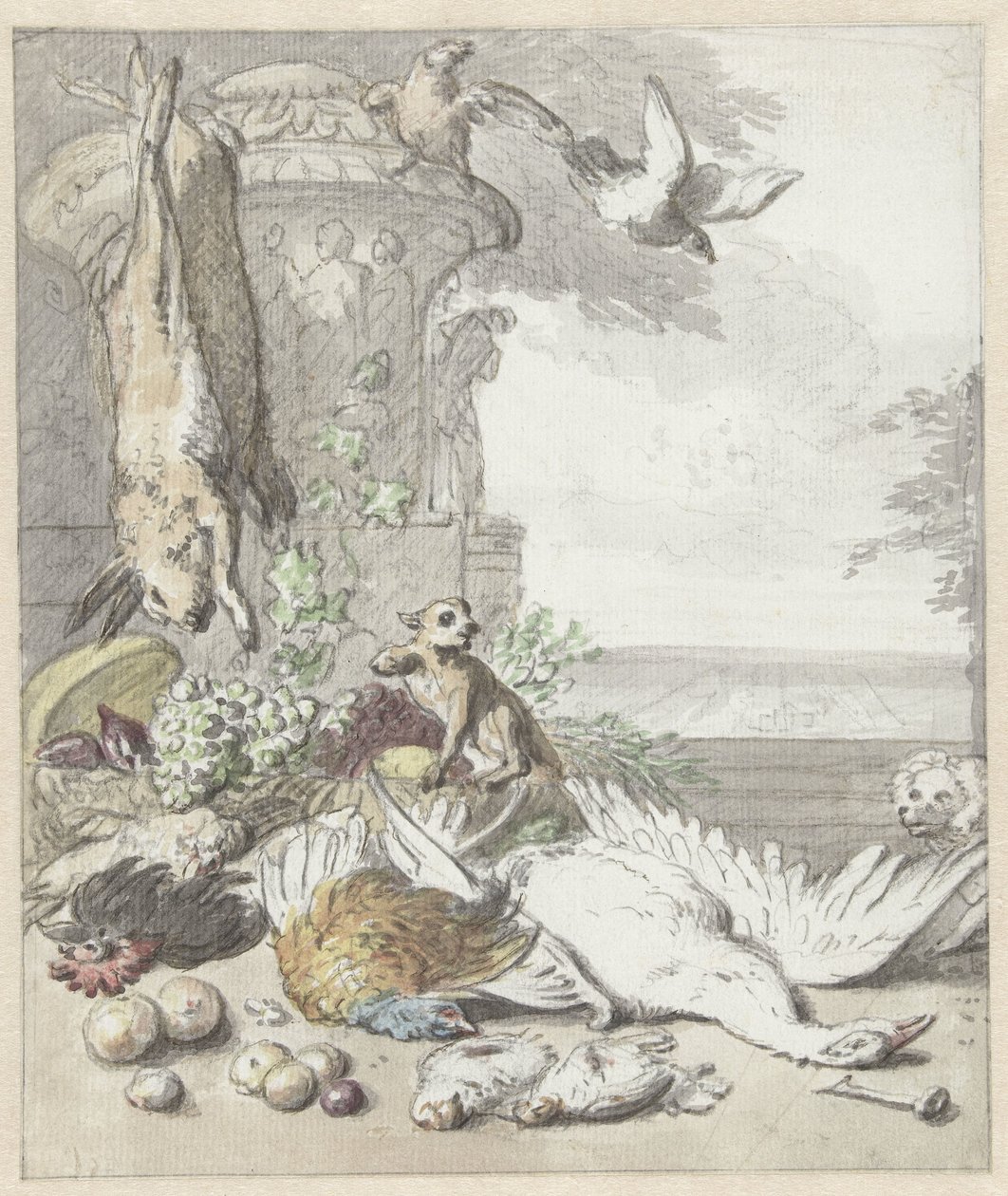 Dødt vildt, en abe, en hund og nogle fugle af Jan Baptist Weenix