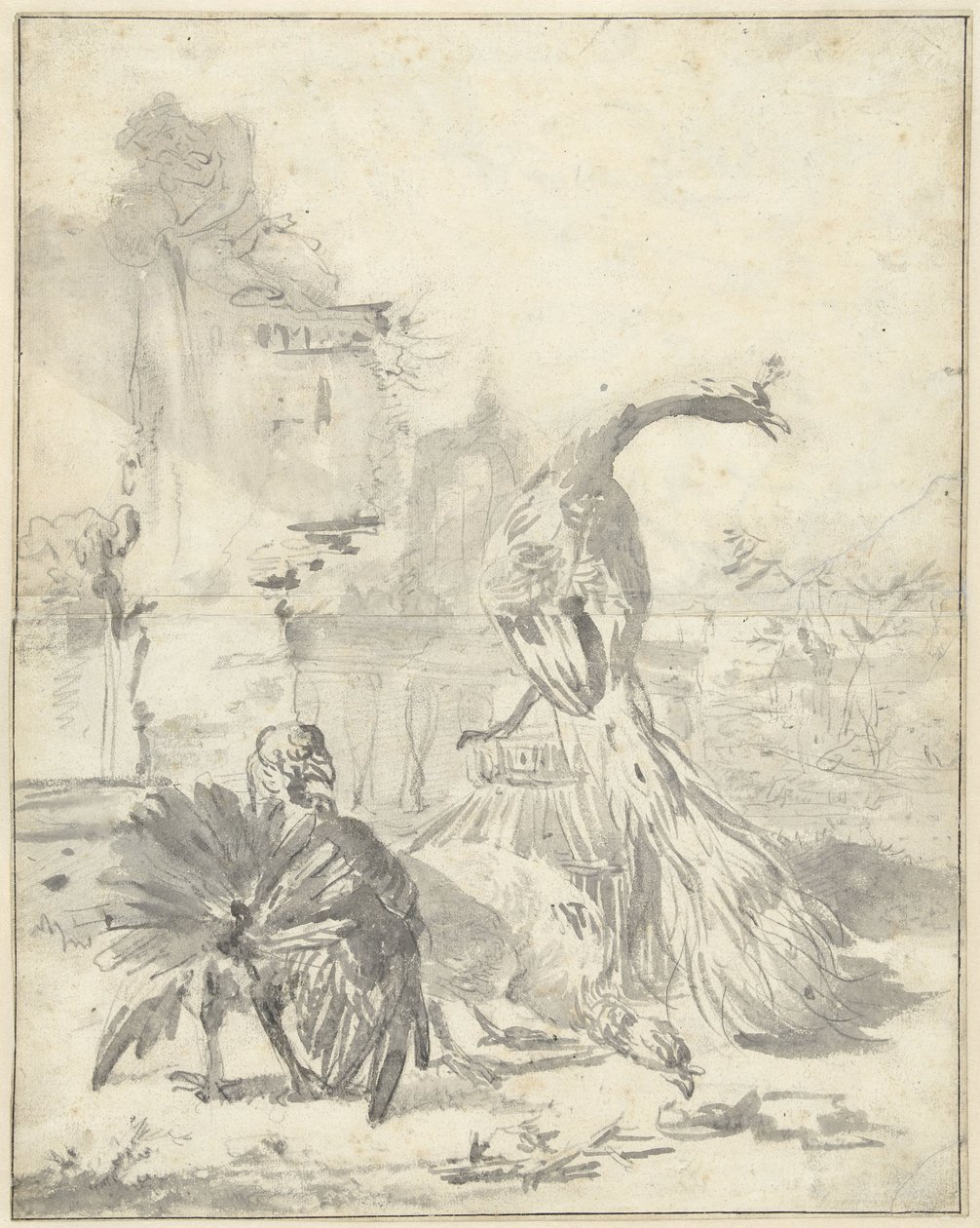 Hoenderhof med en påfugl og to kalkuner af Jan Baptist Weenix
