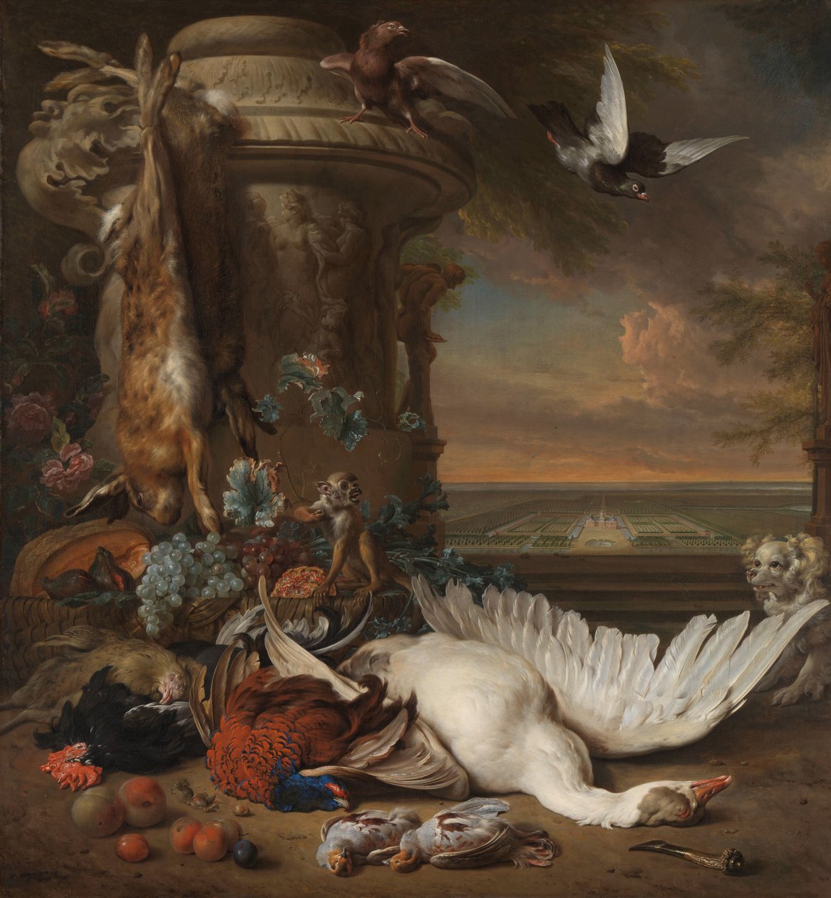Jagt og frugtstilleben ved siden af en havevase med en abe, hund og to duer i det fjerne Rijksdorp nær Wassenaar, sæde for Jacob Emmery, baron af Wassenaar af Jan Baptist Weenix