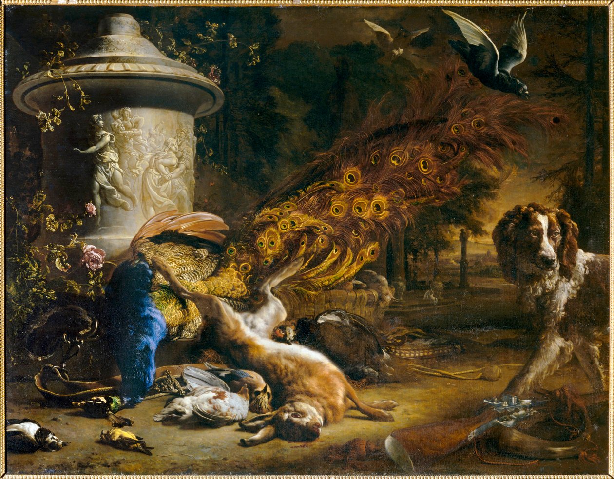 Stilleben med påfugl og hund eller Jagtens produkter. 1696 ... af Jan Weenix