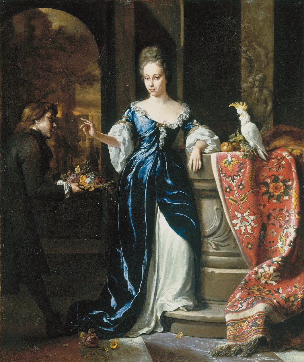 Portræt af Lodewina Schey i en blå kjole, med en ledsager med blomster af Jan Baptist Weenix