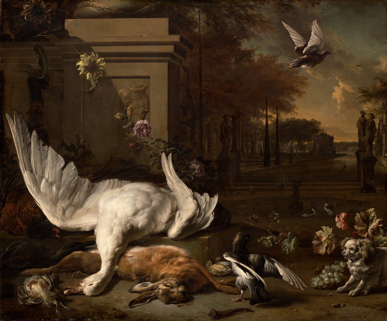 Still Life with Swan and Game Before A Country Estate, c. 1685. af Jan Baptist Weenix