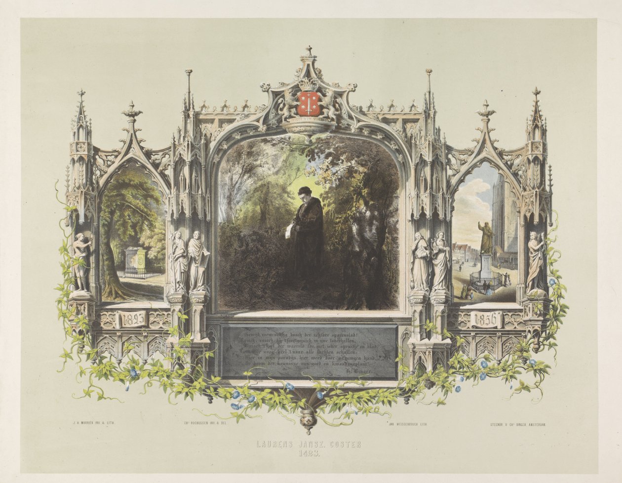 Mindeplade for Laurens Coster ved festlighederne omkring afsløringen af ​​statuen i Haarlem, 1856 Laurens Jansz. Coster 1423 (titel på objekt) af Jan Weissenbruch