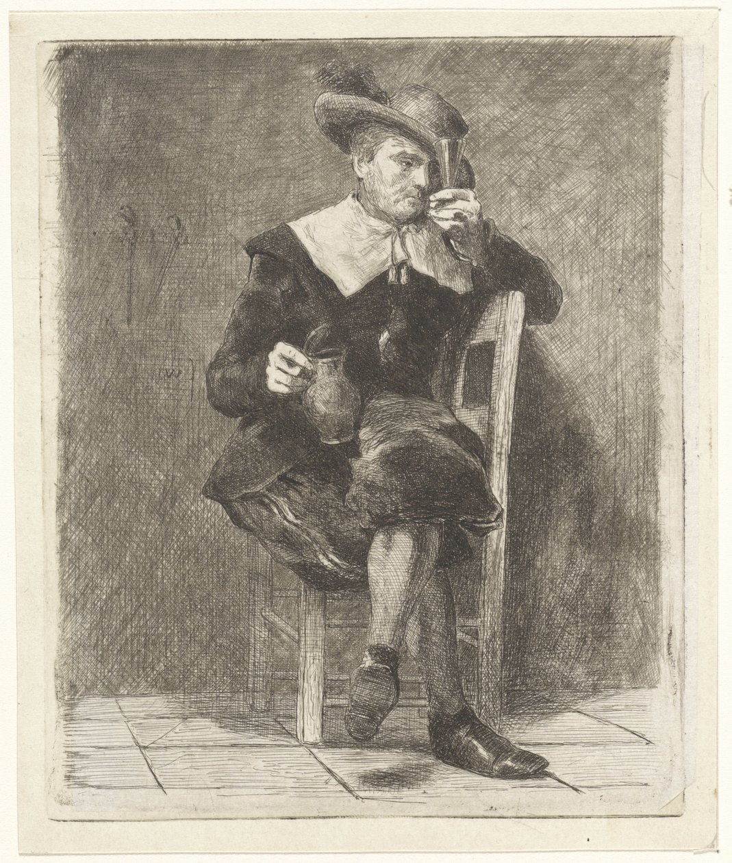 Mand med kande og glas på en stol af Jan Weissenbruch