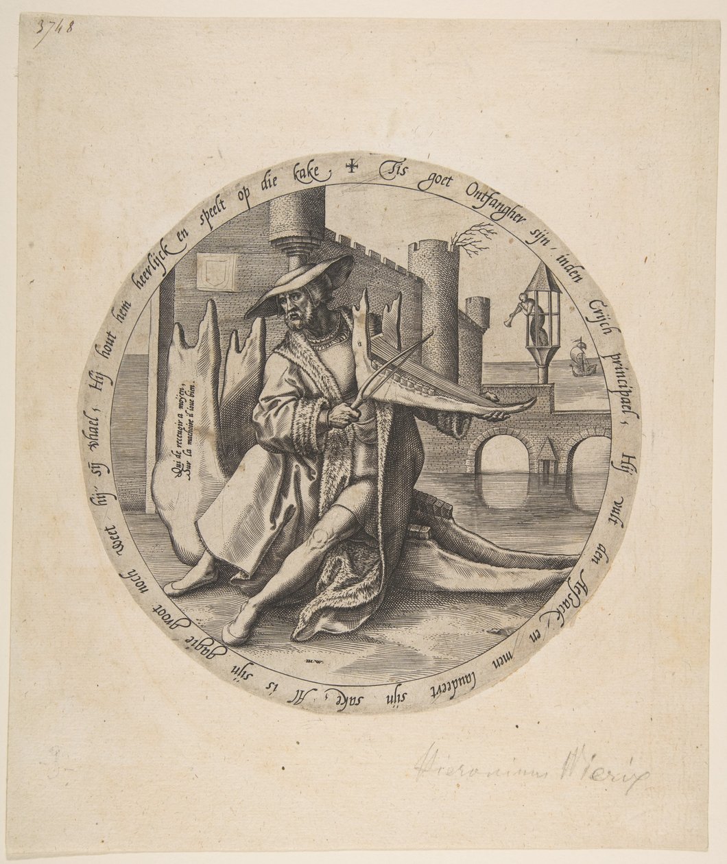 Den rige mand, der spiller violin på et kæbeben, ca. 1568. af Jan Wierix