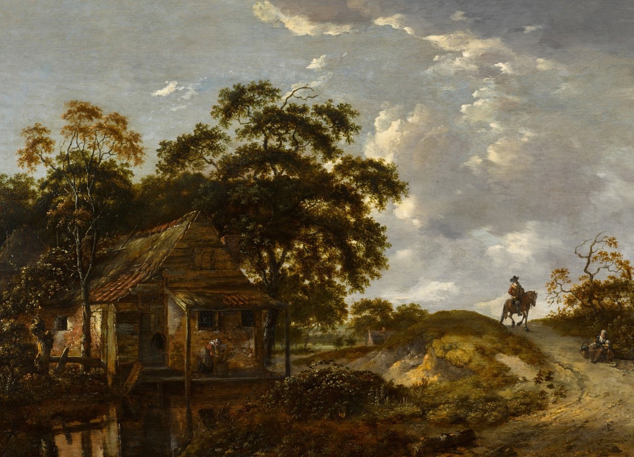 Landskab med en hytte ved en flod og en kvinde, der skurer en gryde, en herre til hest på en sti af Jan Wijnants