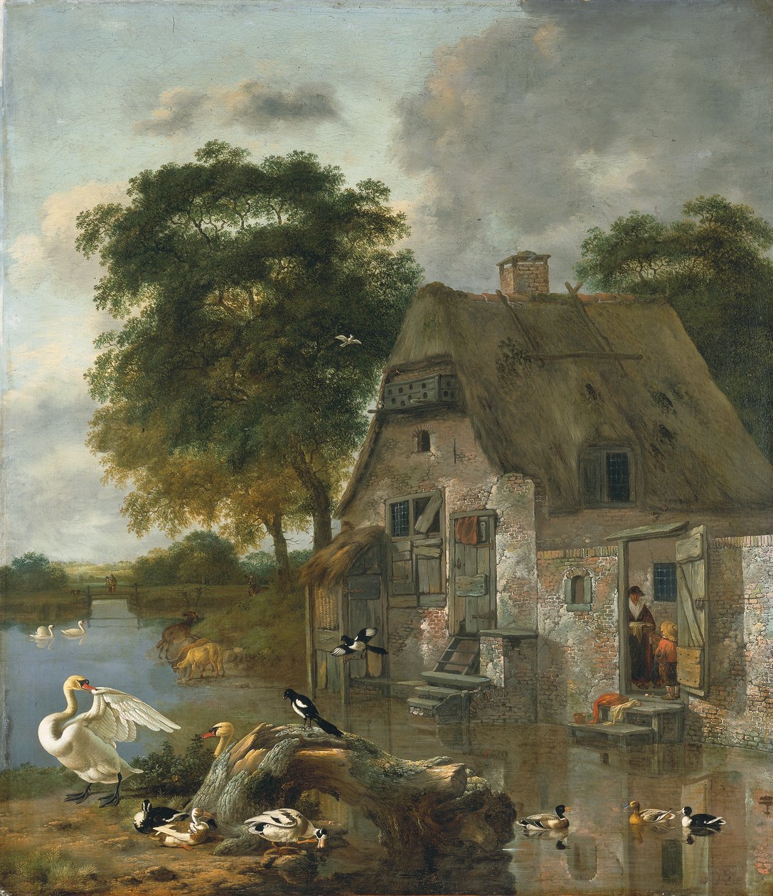 Svaner, ænder og andre fugle foran et sommerhus ved vandet (olie på lærred) af Jan Wijnants