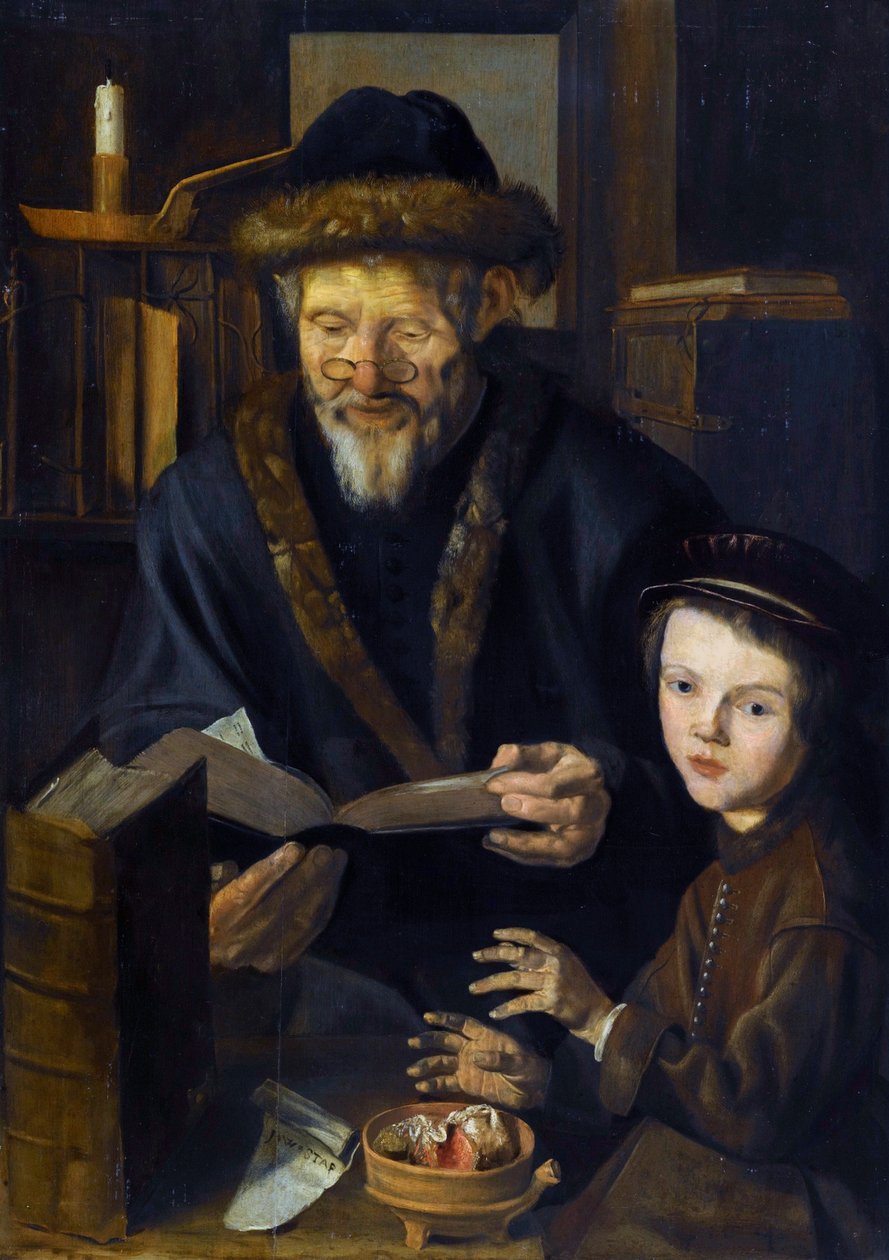 Allegori om vinteren, filosoffen og det unge barn - Vinterallegori, filosoffen og det unge barn - Maleri af Jan Woutersz Stap (1599-1663), - Olie på træ, 84,5x59,5 - Privat samling af Jan Woutersz Stap