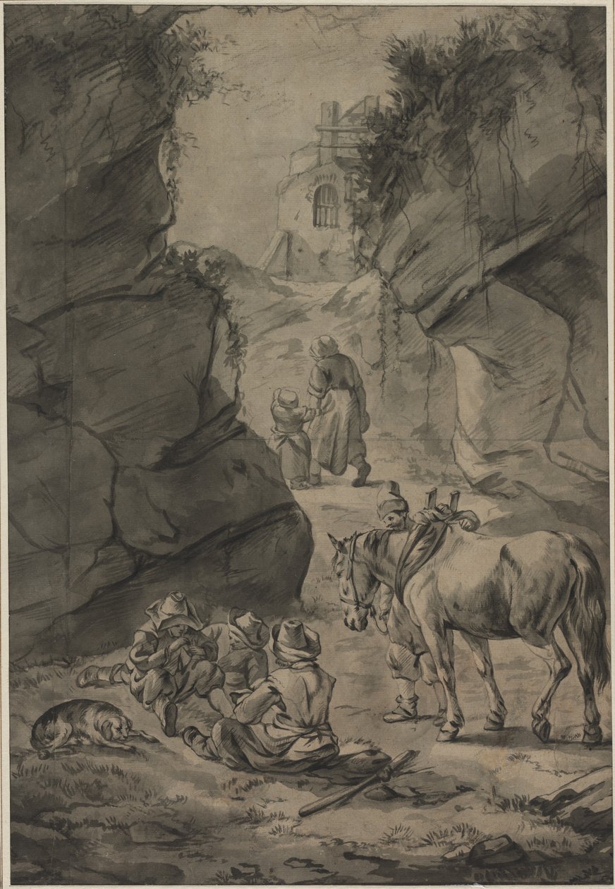 Bønder i et klippefyldt landskab, anden tredje 1600-tallet. af Jan Wouwerman