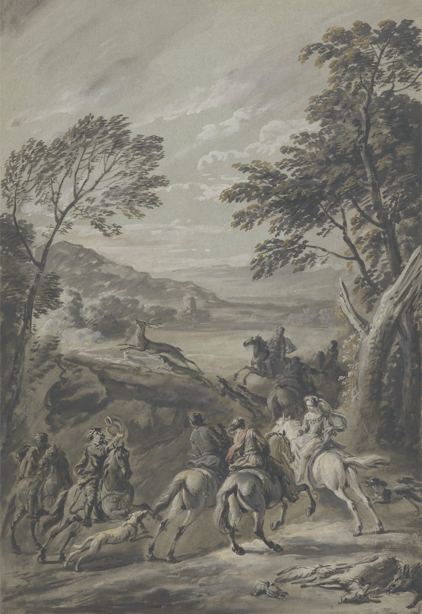 En Staghunt (brun vask med gouache i papir) af Jan Wyck