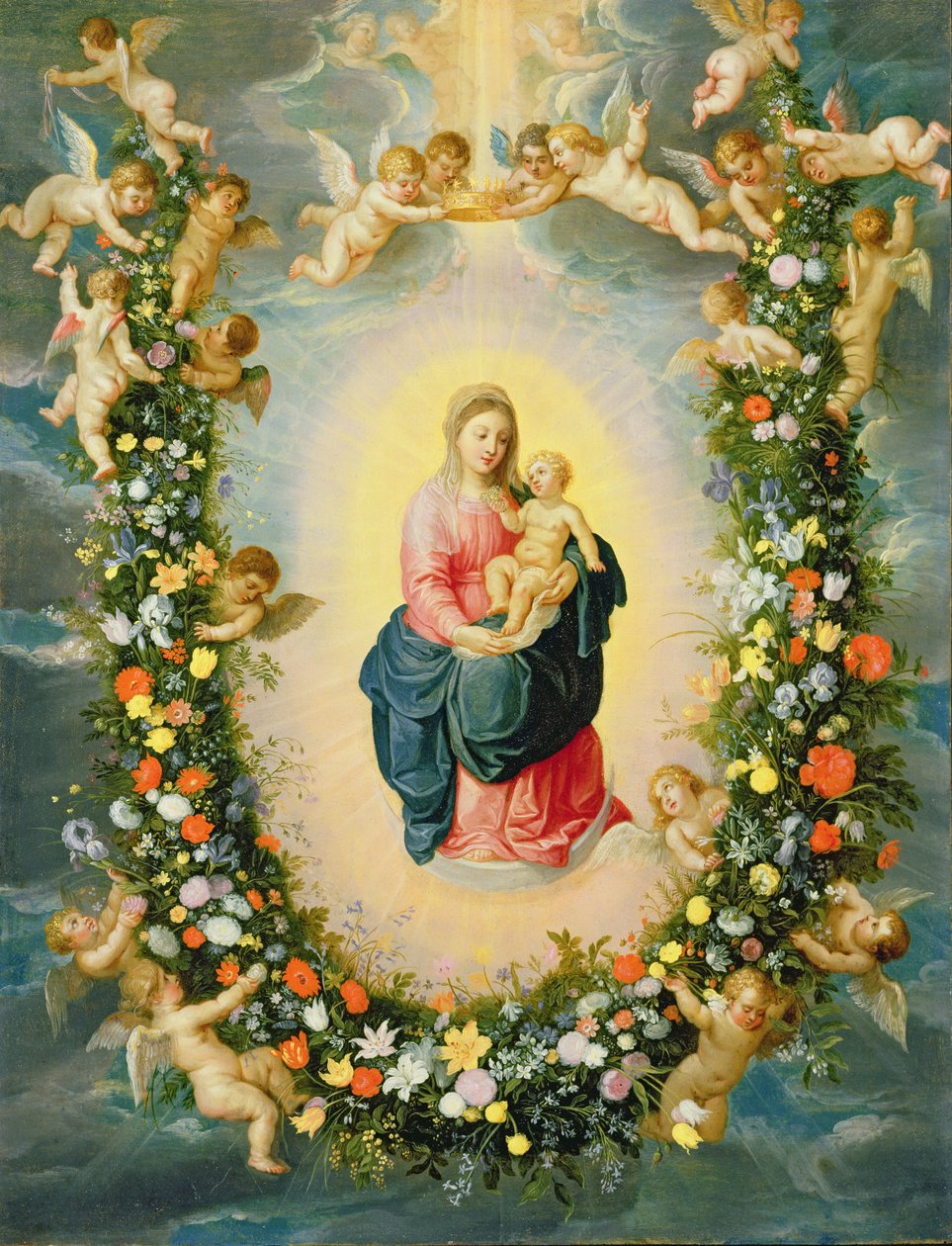 Madonnaen og barnet i en blomsterkrans (olie på kobber) af Jan and Balen, Hendrik van Brueghel