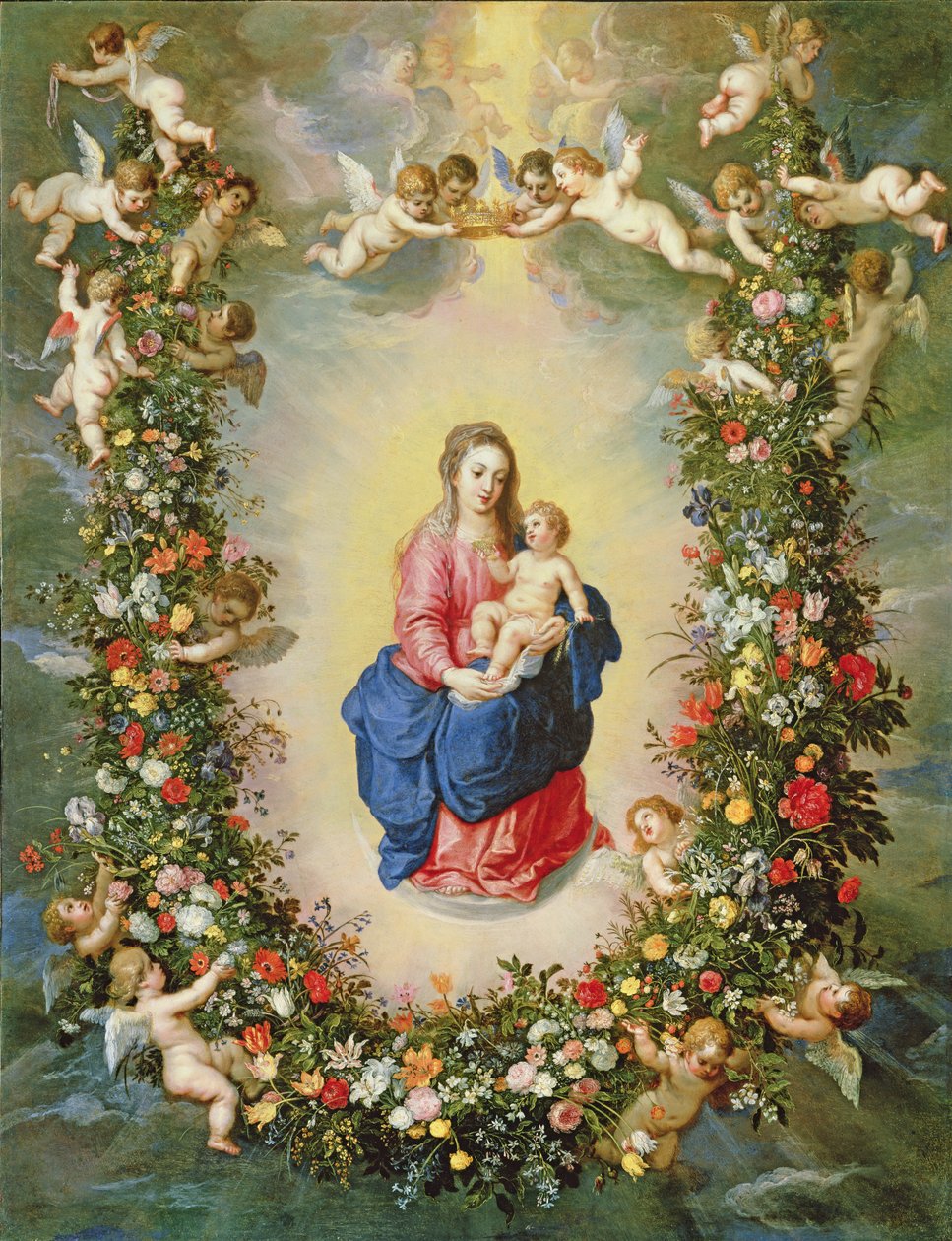 Jomfruen og barnet omkranset af en blomsterkrans holdt højt af keruber, ca. 1624 (olie på kobber) af Jan and Balen, Hendrik van Brueghel