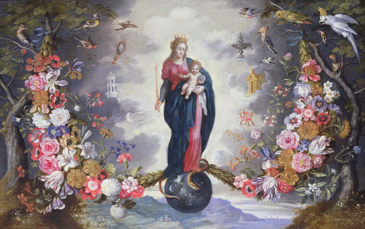 Jomfruen og Barnet omgivet af en guirlande af Jan and Balen, Hendrik van Brueghel