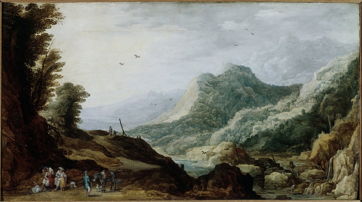 Bjerglandskab med en bondefamilie i vejkanten (Maleri, ca. 1620-1630) af Jan and Momper Joos de  Brueghel
